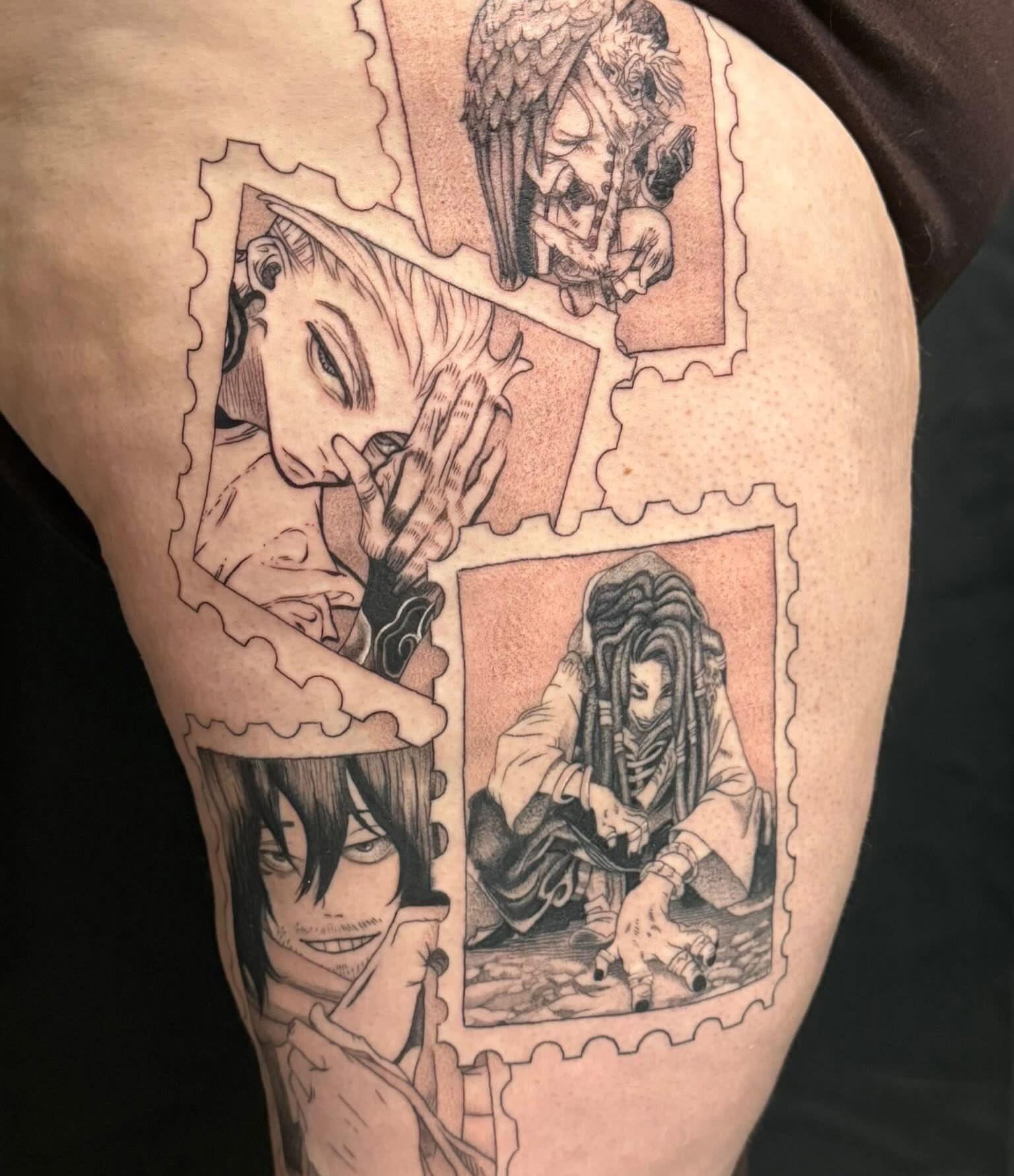 Anime characters anime tattoo on the thigh by Olivia, Royal Oak, Michigan