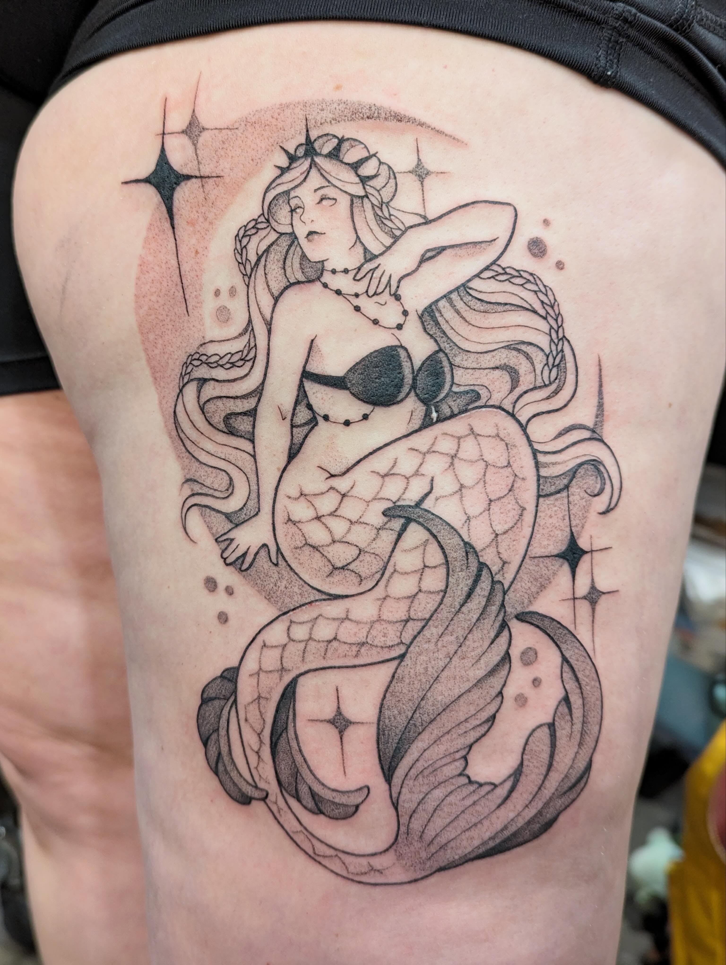 Mermaid black and grey tattoo on the thigh by Spencer Jennings, Westland, Michigan