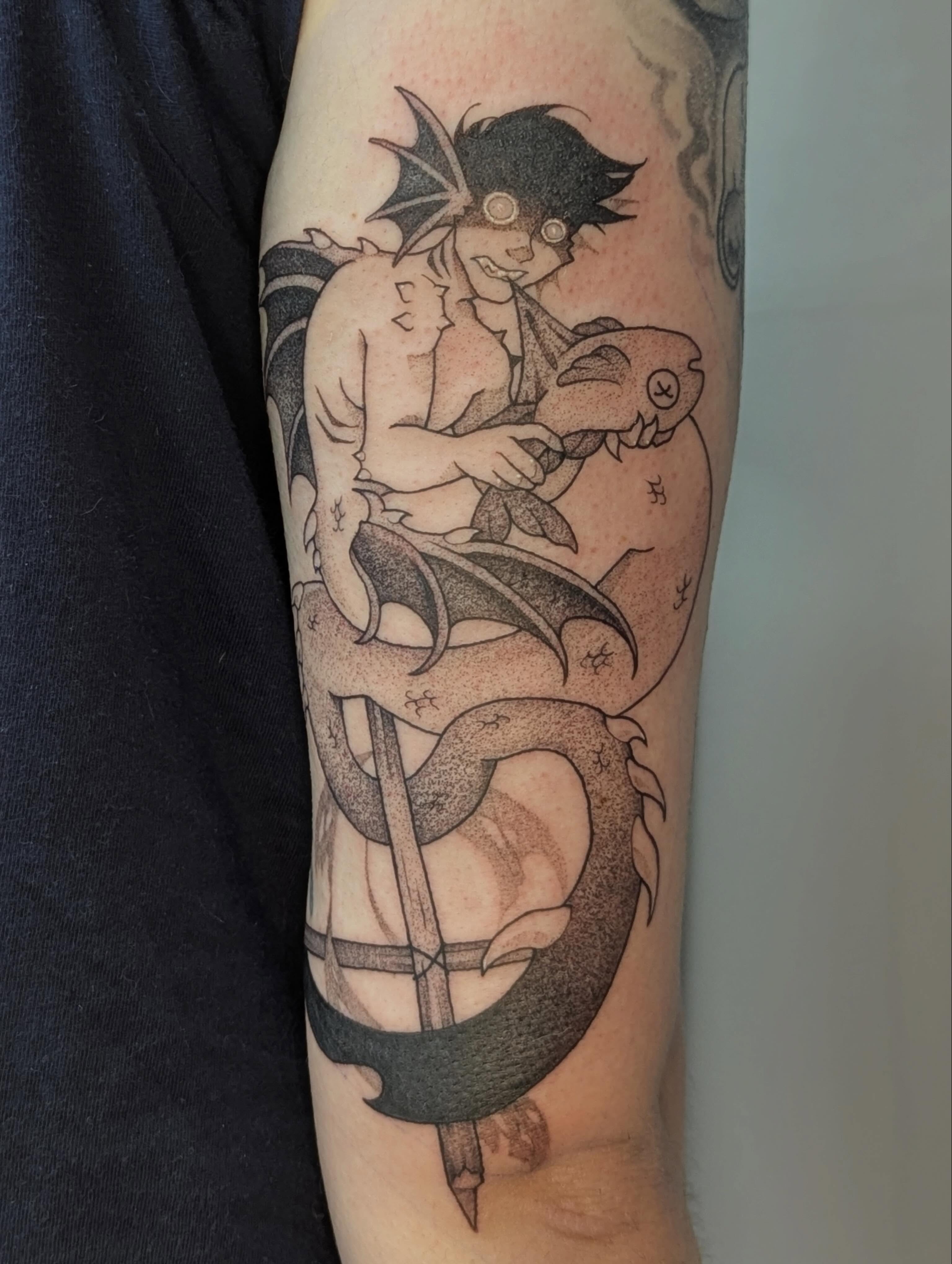 Mermaid and fish dotwork tattoo on the forearm by Spencer Jennings, Westland, Michigan