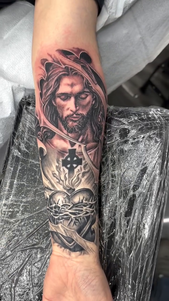 Jesus Christ with Sacred Heart realism tattoo by Steve Bishov