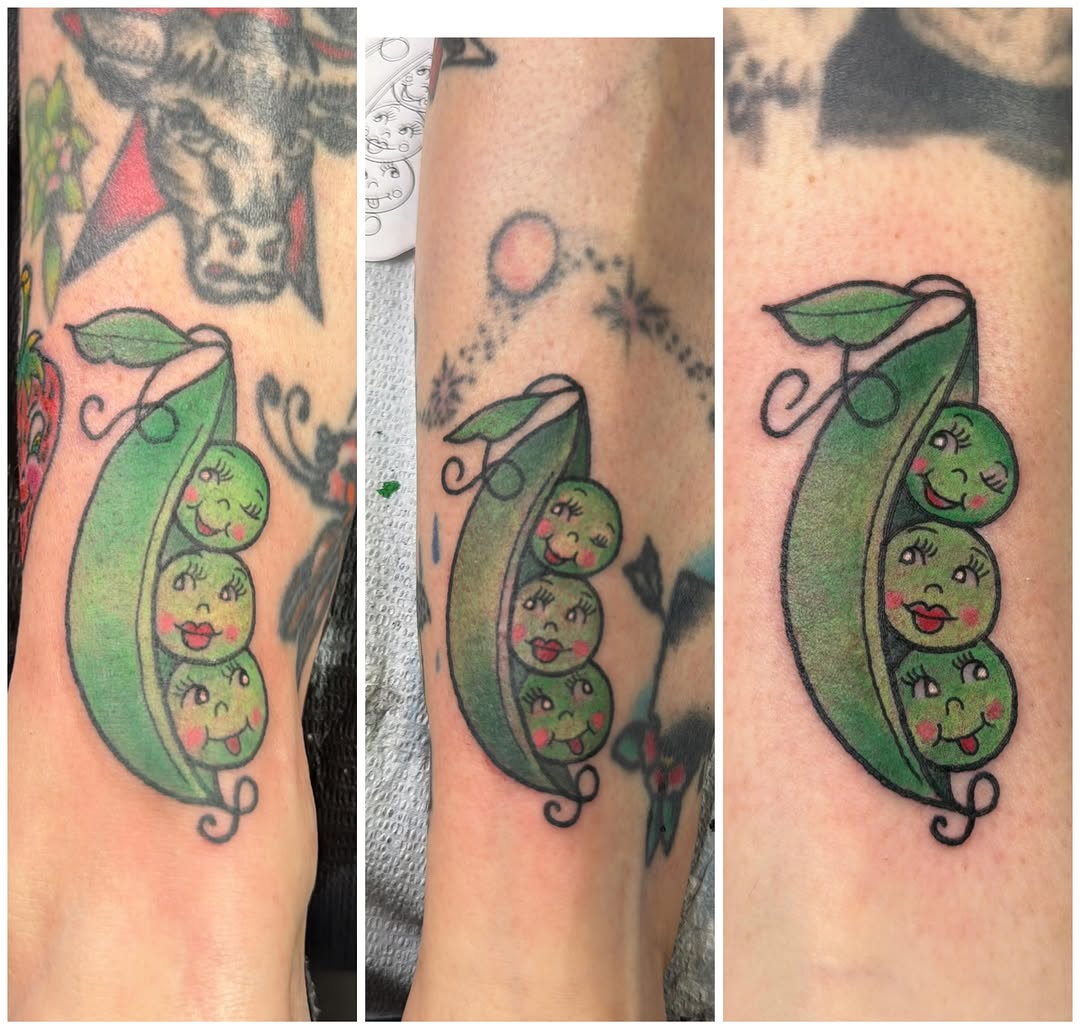 Peas in a pod American traditional tattoo on the forearm by Andrea Lynne Hastings-Craven Tattoo Artist, Cleveland, Ohio