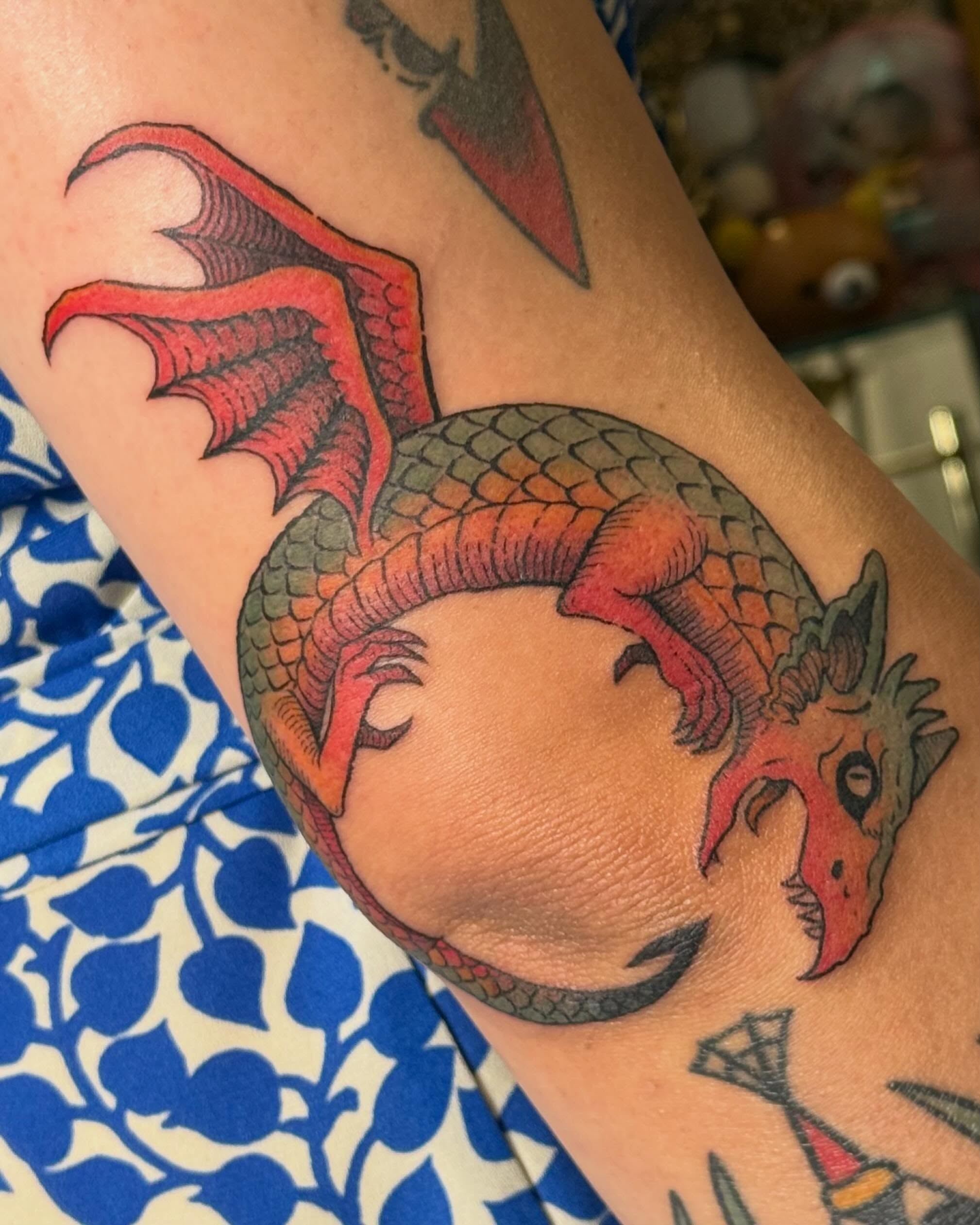 Dragon American traditional tattoo on the forearm by Christian