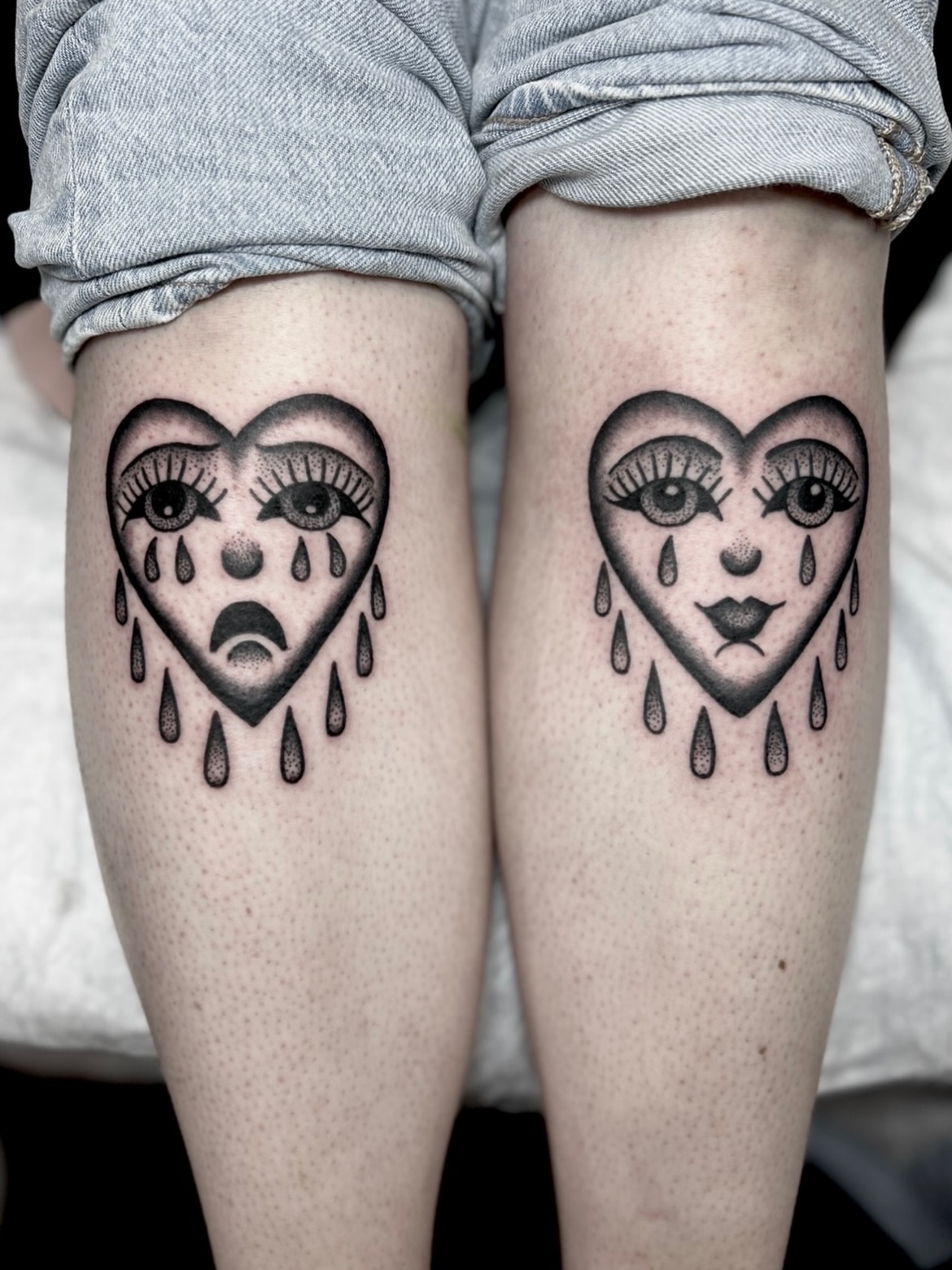 Crying heart black and grey tattoo on the thigh by holly danesi . philadelphia tattoo, Philadelphia, Pennsylvania
