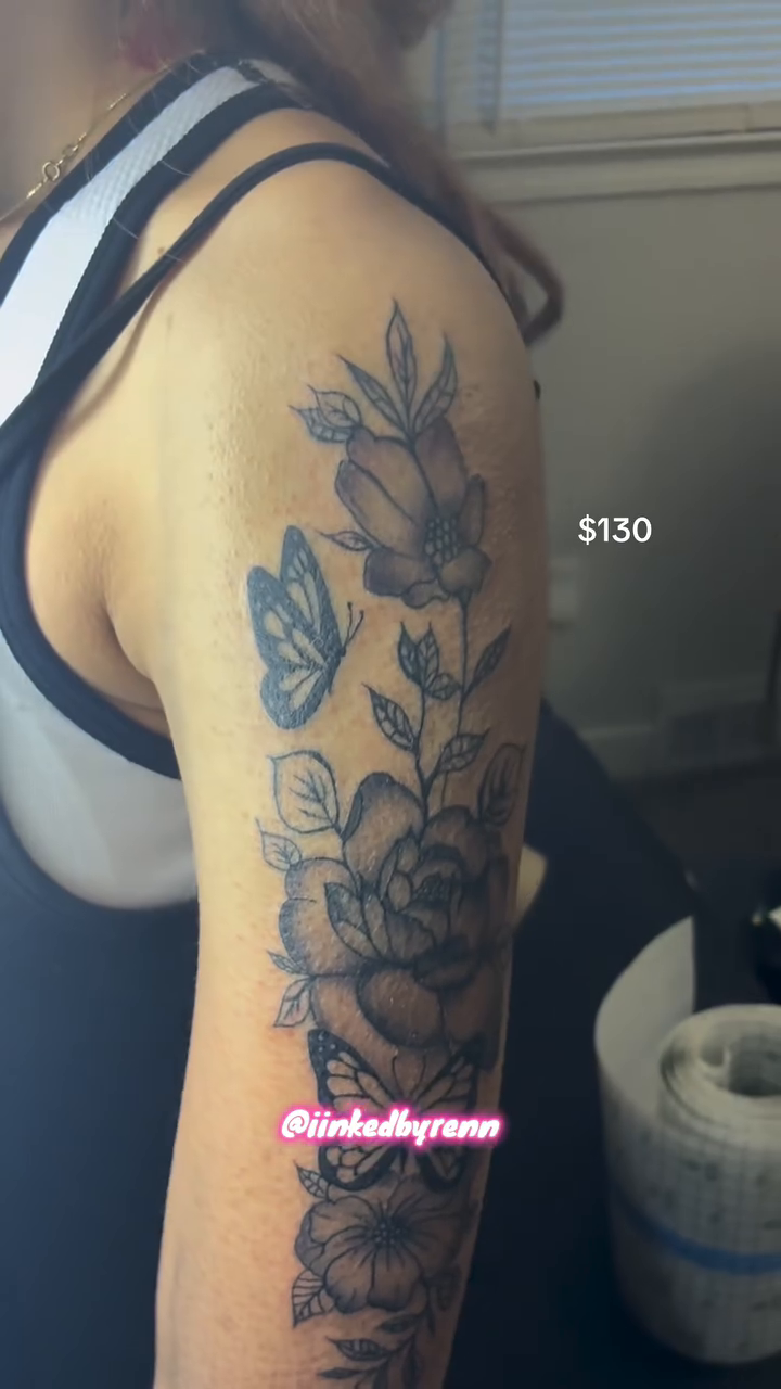 Floral sleeve with butterflies dotwork tattoo on the upper arm by ɪɪɴᴋᴇᴅʙʏʀᴇɴɴ🐉