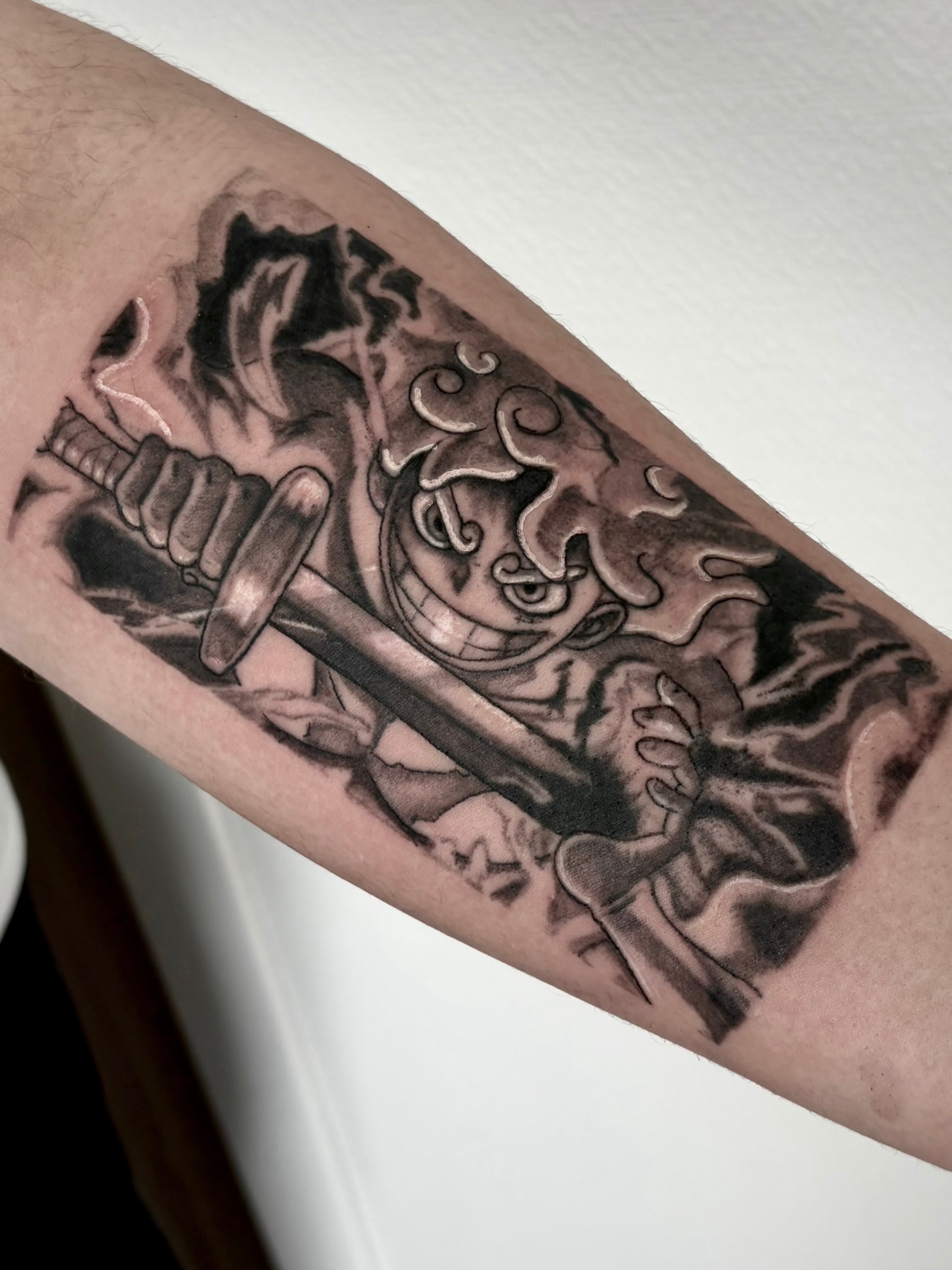 Japanese demon dotwork tattoo on the forearm by Deborah