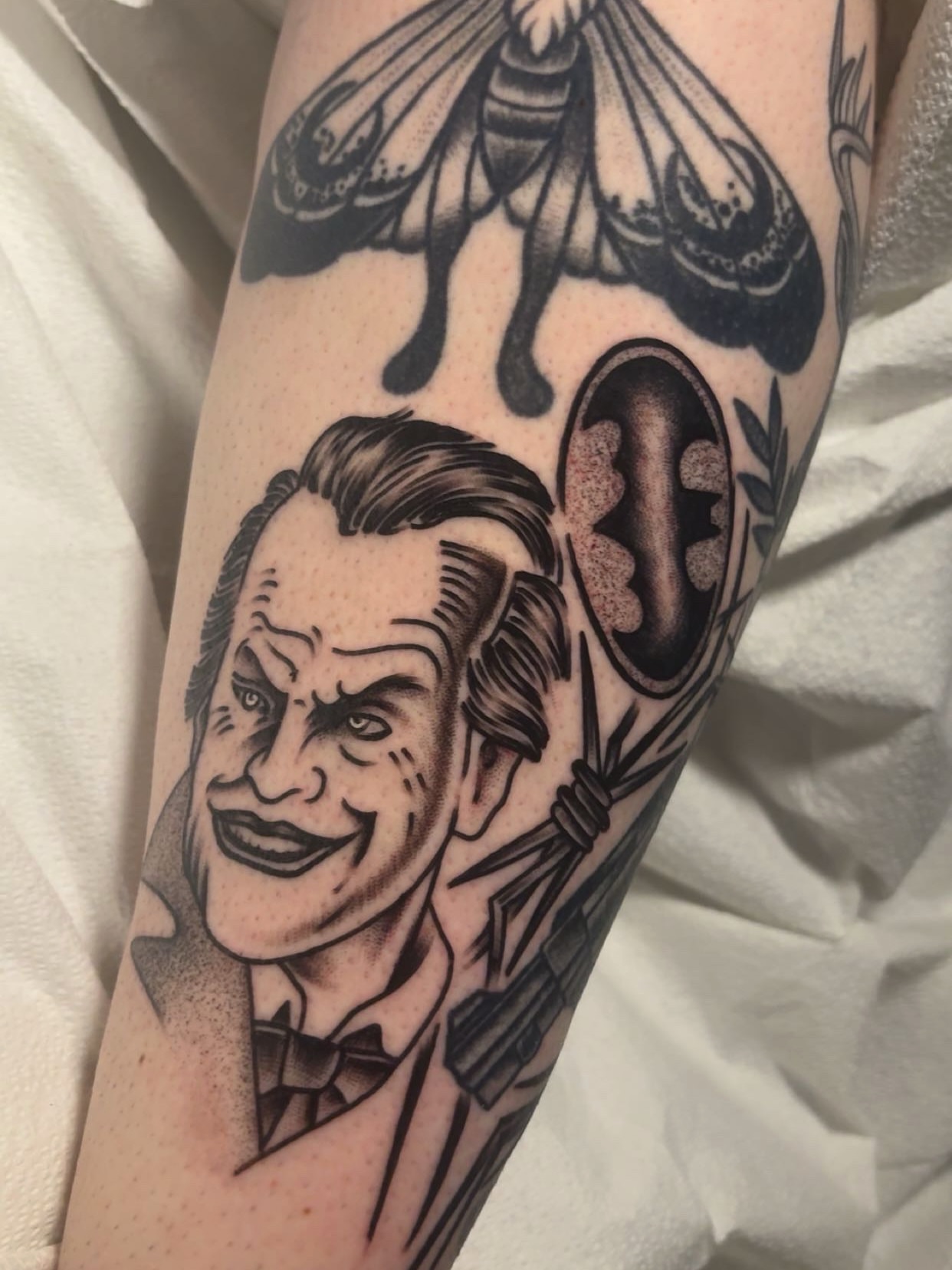 Joker black and grey tattoo on the forearm by Chris Prince Jr., Miamisburg, Ohio