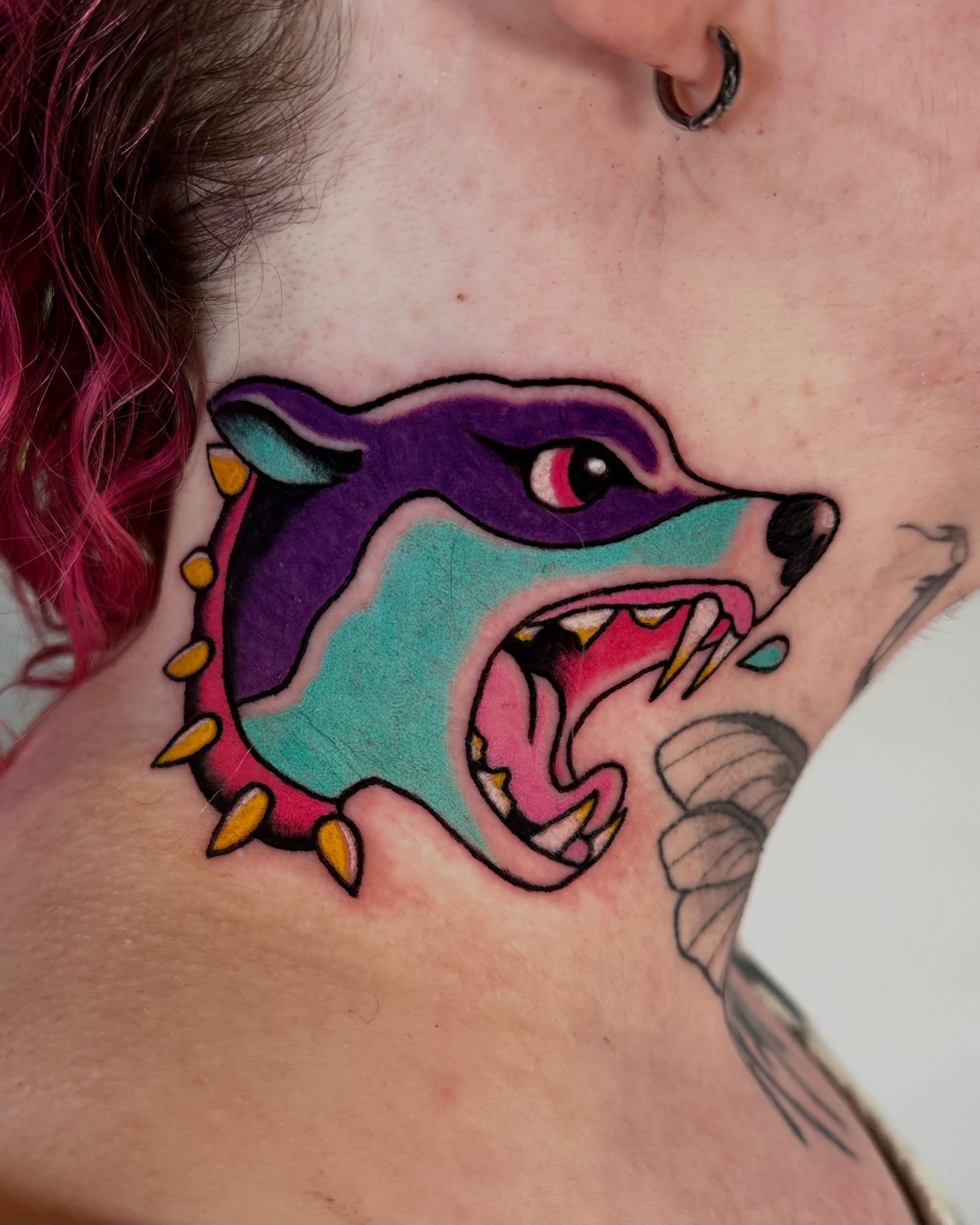 Angry dog American traditional tattoo on the neck by Ash Gonzalez ❤️ Austin Tattoo Artist