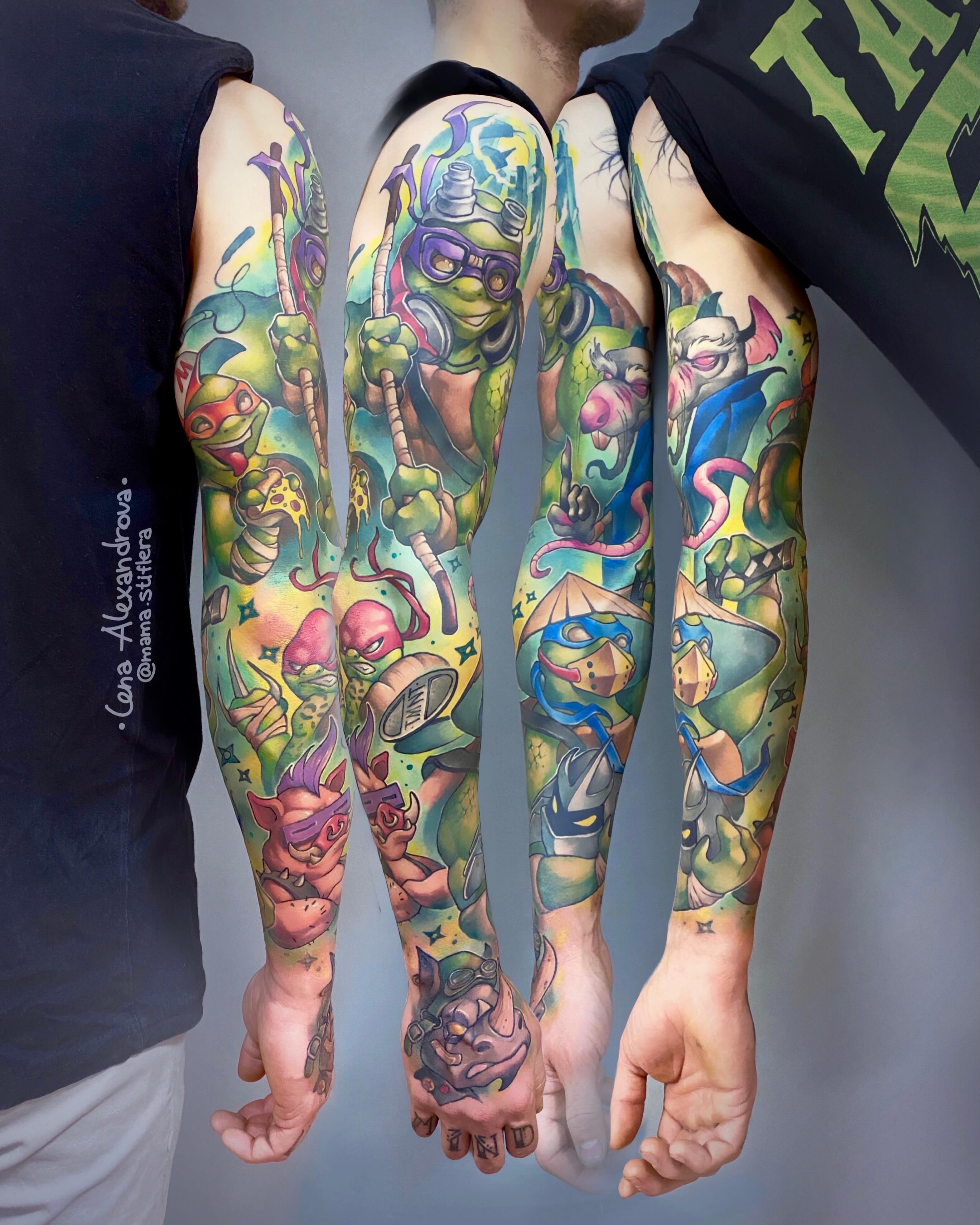 Teenage Mutant Ninja Turtles new school tattoo on the forearm by Lena Aleksandrova