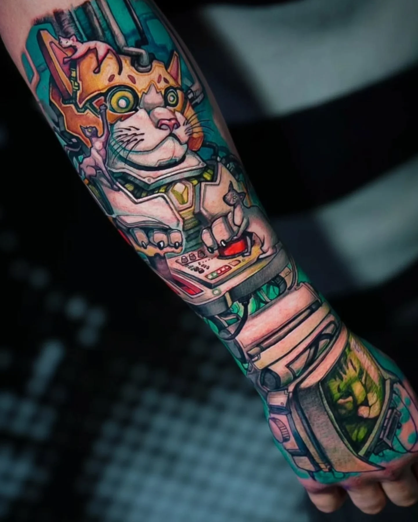 Mechanical cat new school tattoo on the forearm by Bo