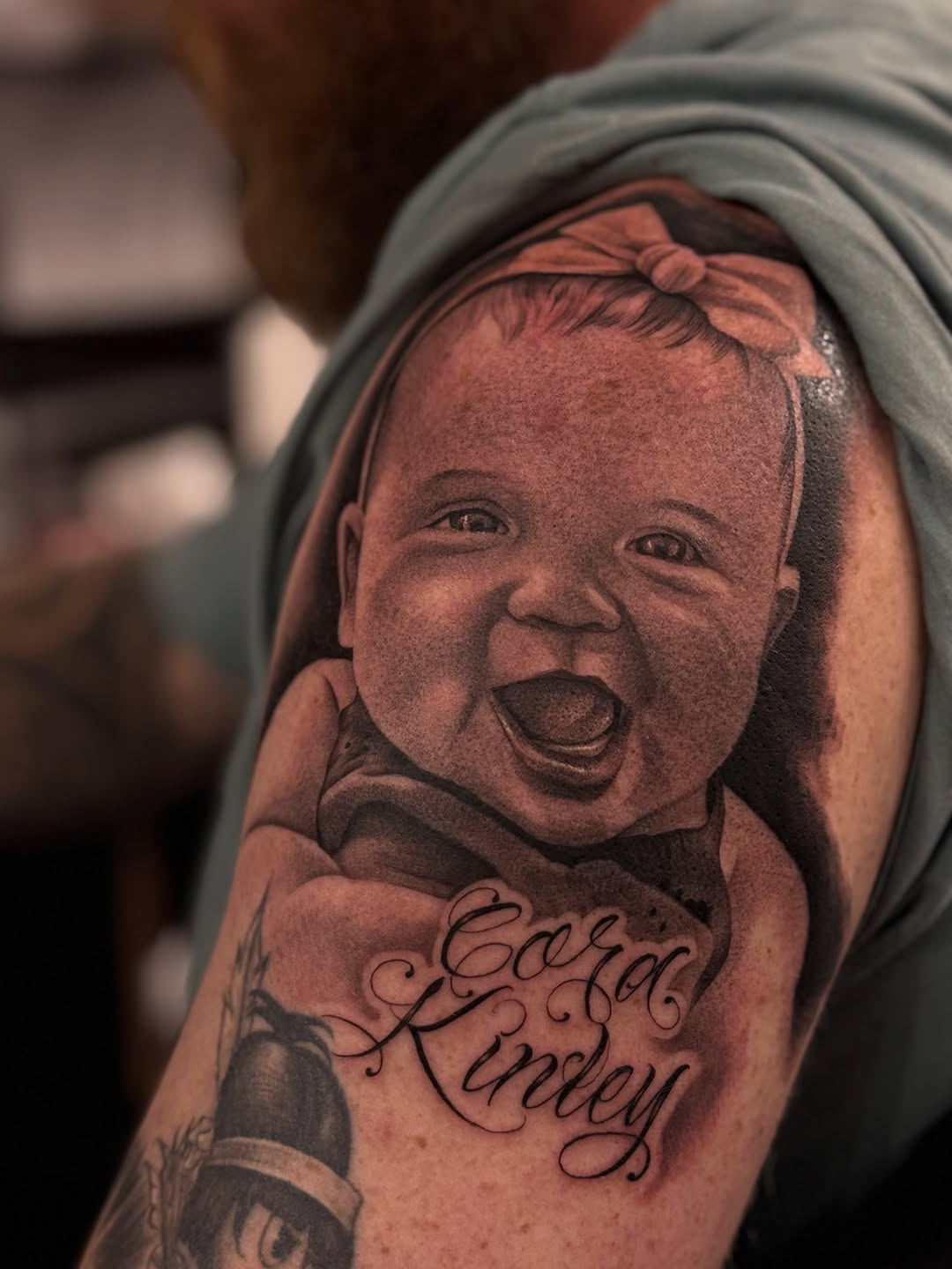 Tattoo by @gabe_luquin — realism, lettering_script