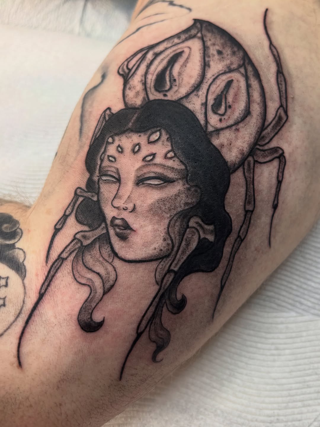 Spider woman portrait realism tattoo on the forearm by Nashville Tattoo Artist