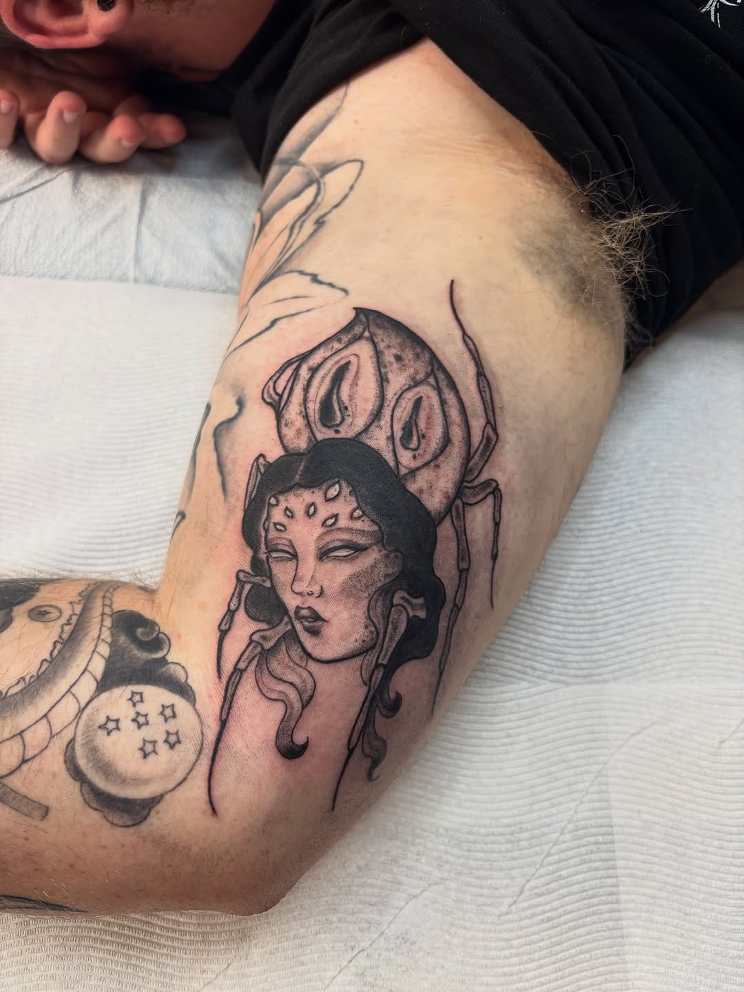Spider woman realism tattoo on the forearm by Nashville Tattoo Artist