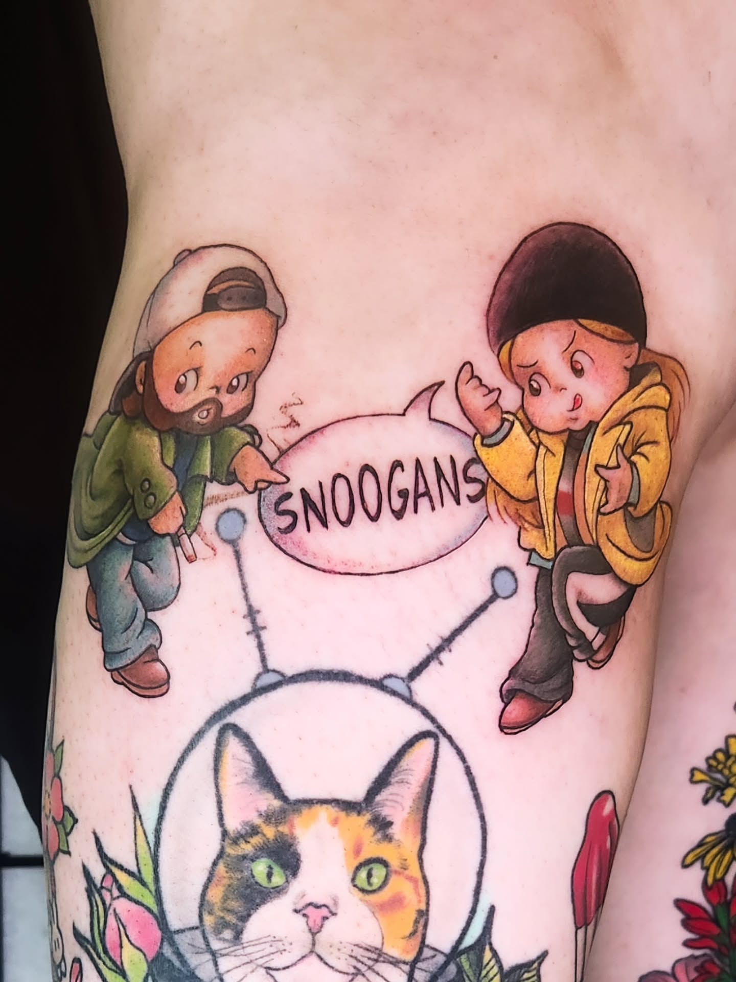 Snoogans dotwork tattoo on the thigh by Amanda Boyd - Duh!