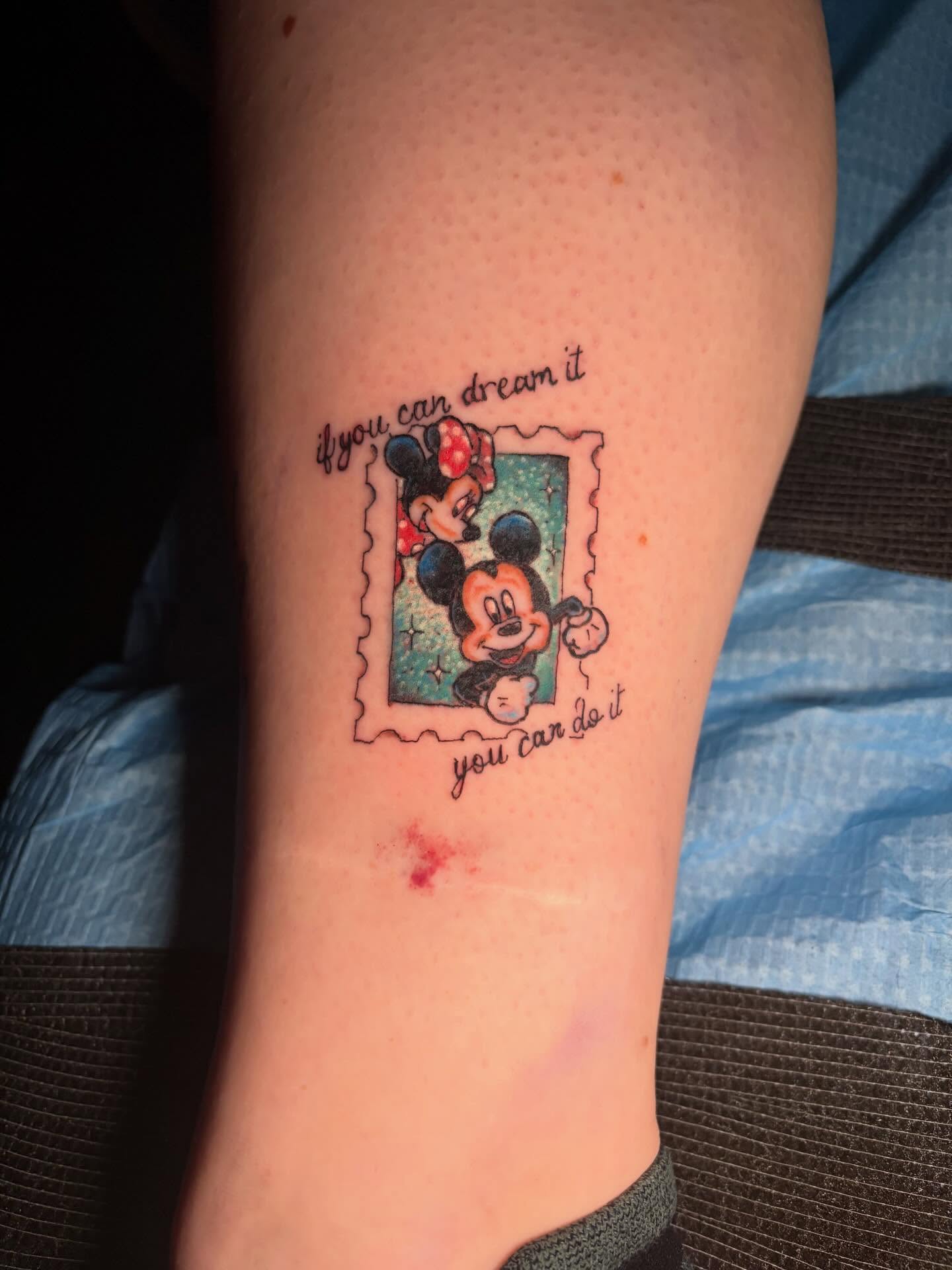 Minnie mouse and mickey mouse dotwork tattoo on the forearm by Fredrick Tigerman