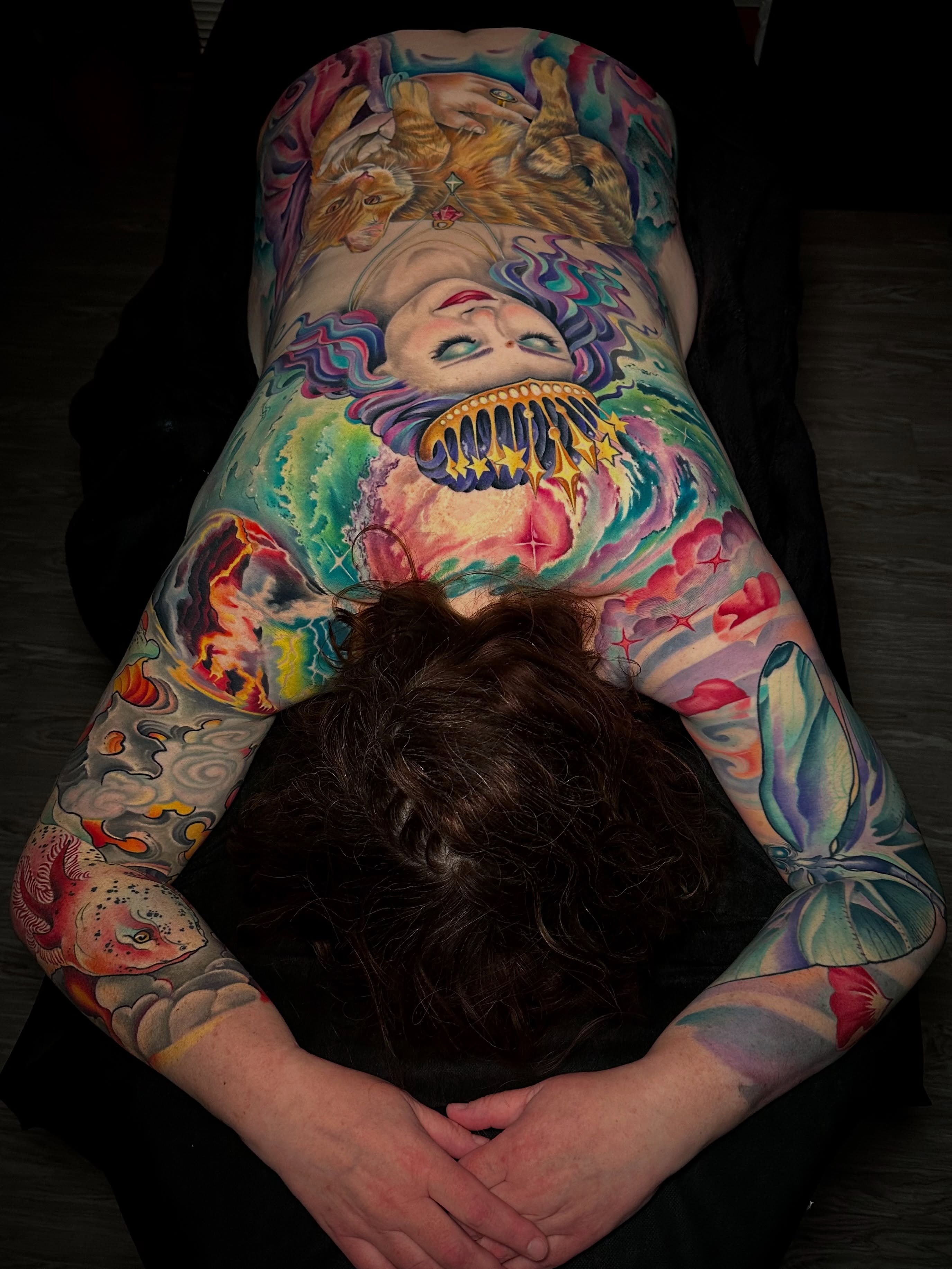 Woman with lion new school tattoo on the torso by Melis Fusco