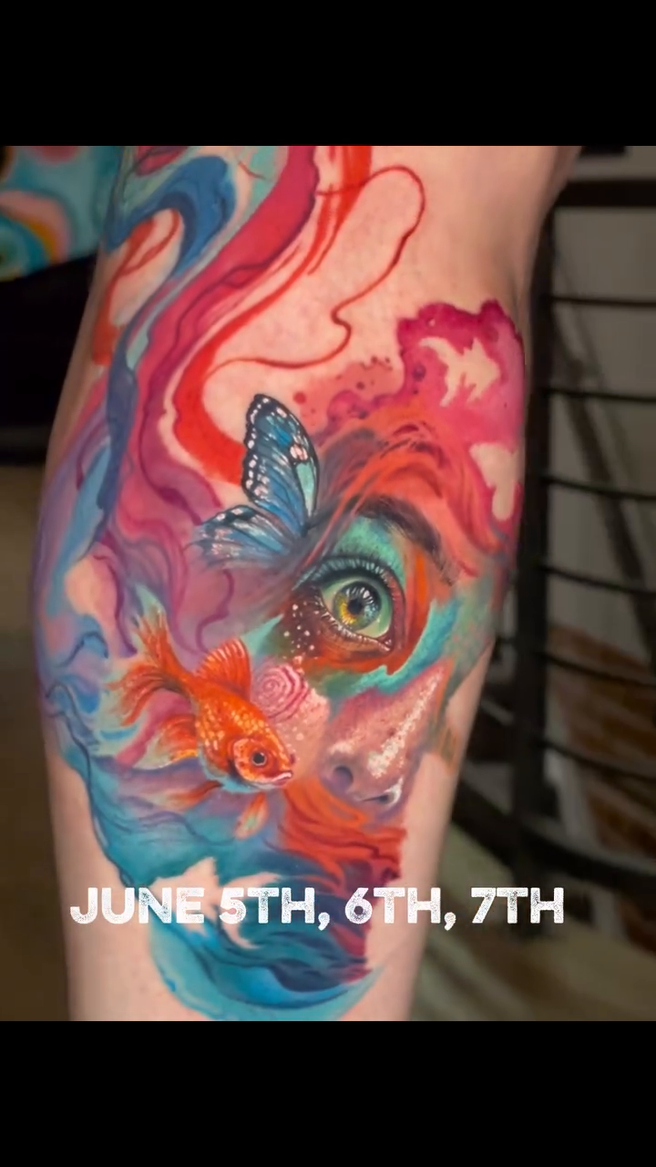 Woman's face with butterfly and goldfish realism tattoo by Brian Ulibarri