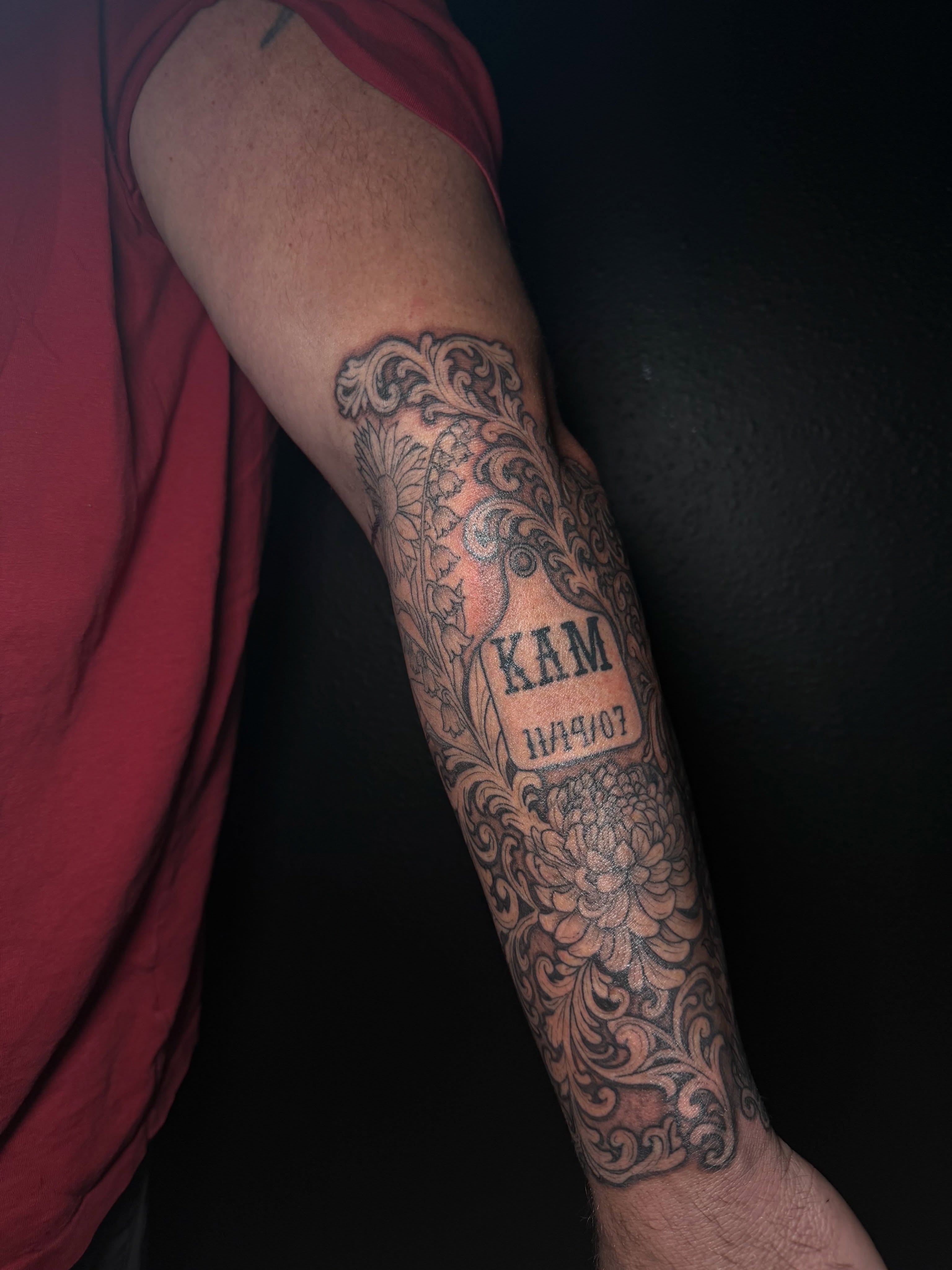Floral ornamentation ornamental tattoo on the forearm by Ink Darling, Carlisle, Iowa