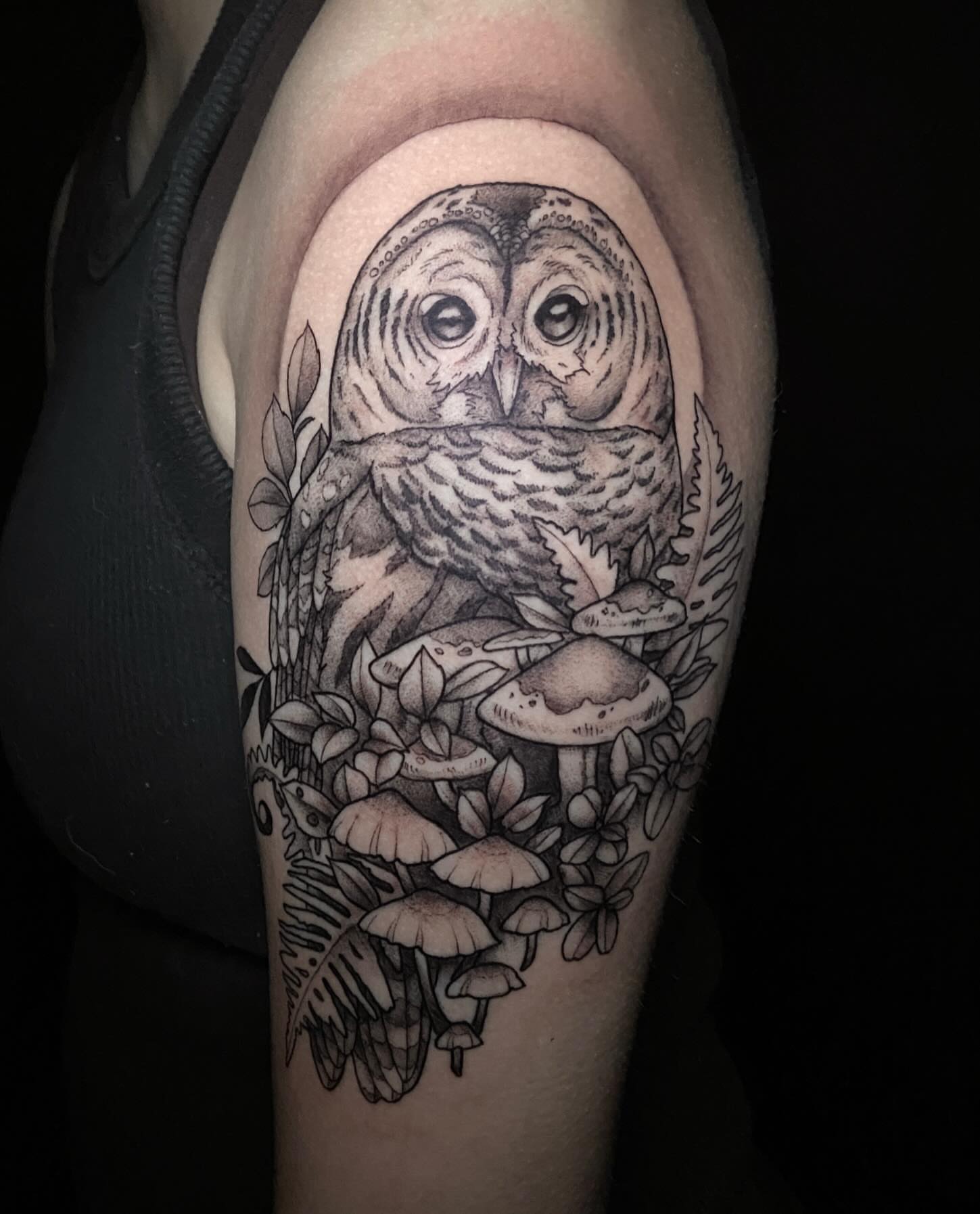 Owl realism tattoo on the forearm by Dawn Carr, Richmond, Virginia