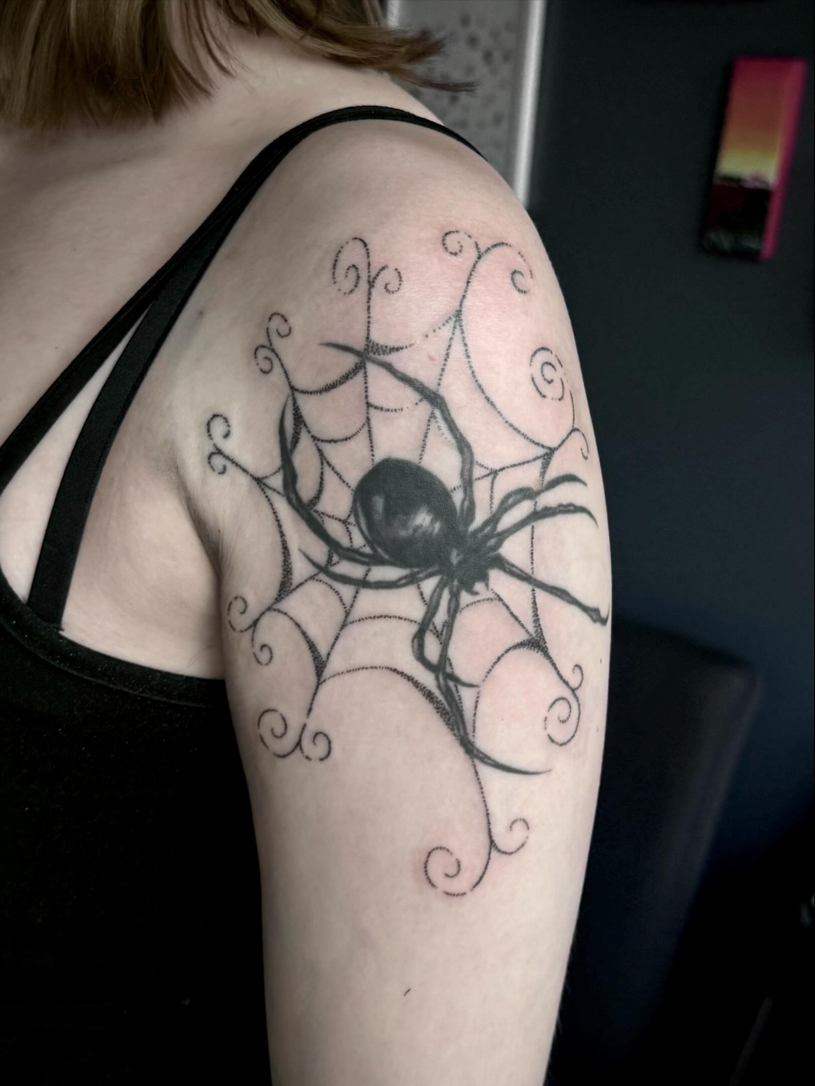 Spider web black and grey tattoo on the shoulder by πΏππΌππ πππππππ