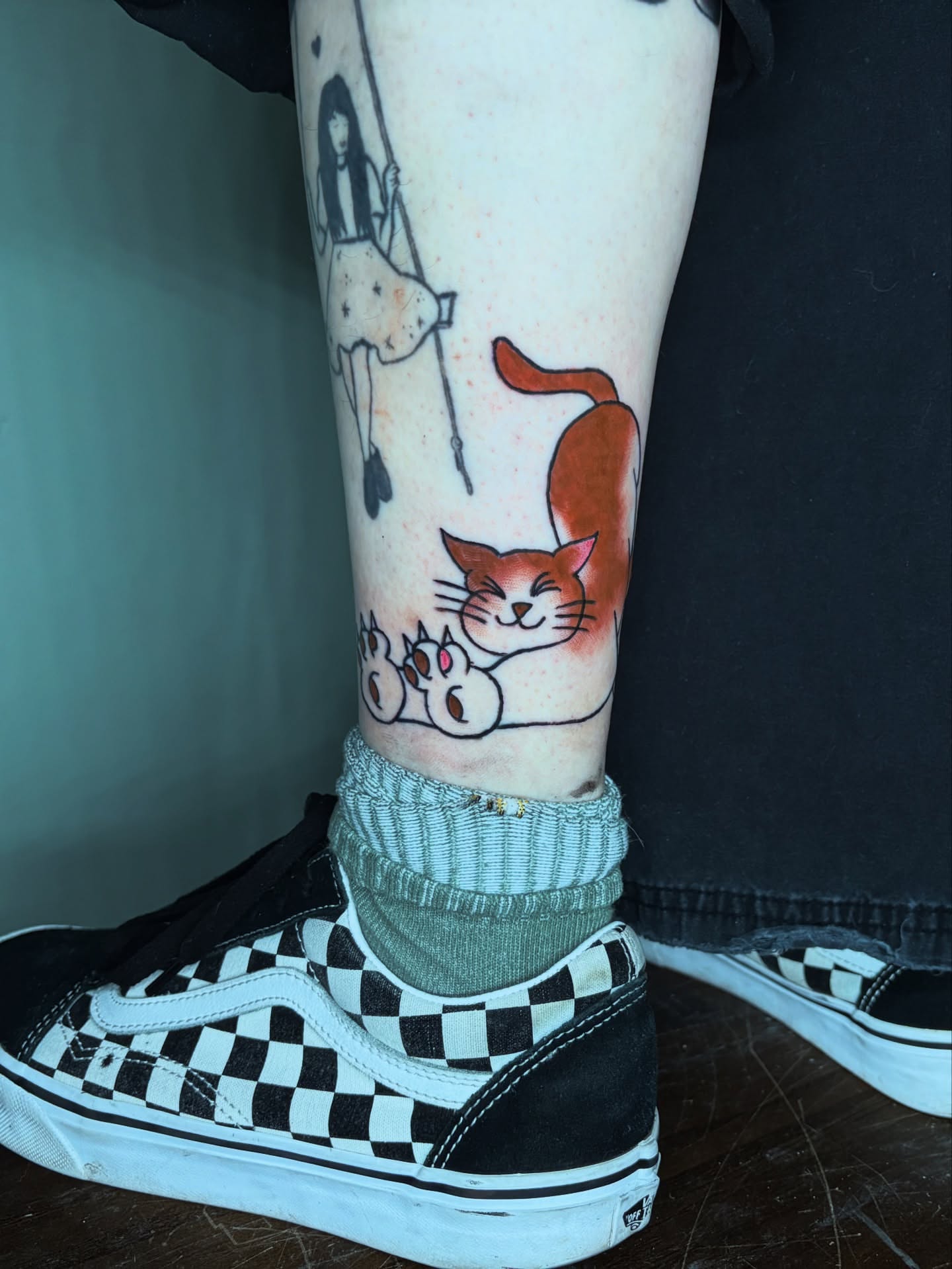 Cat and kittens dotwork tattoo on the calf by Gabe Rosen
