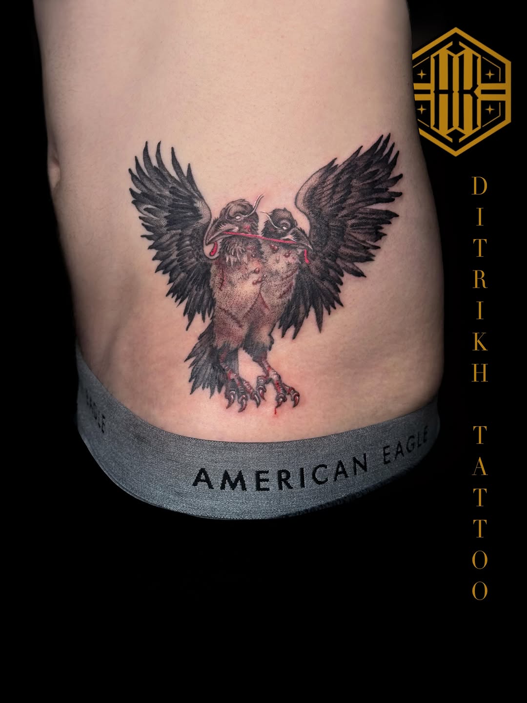 Two-headed crow tattoo on the ribs by KET, Calgary, Alberta