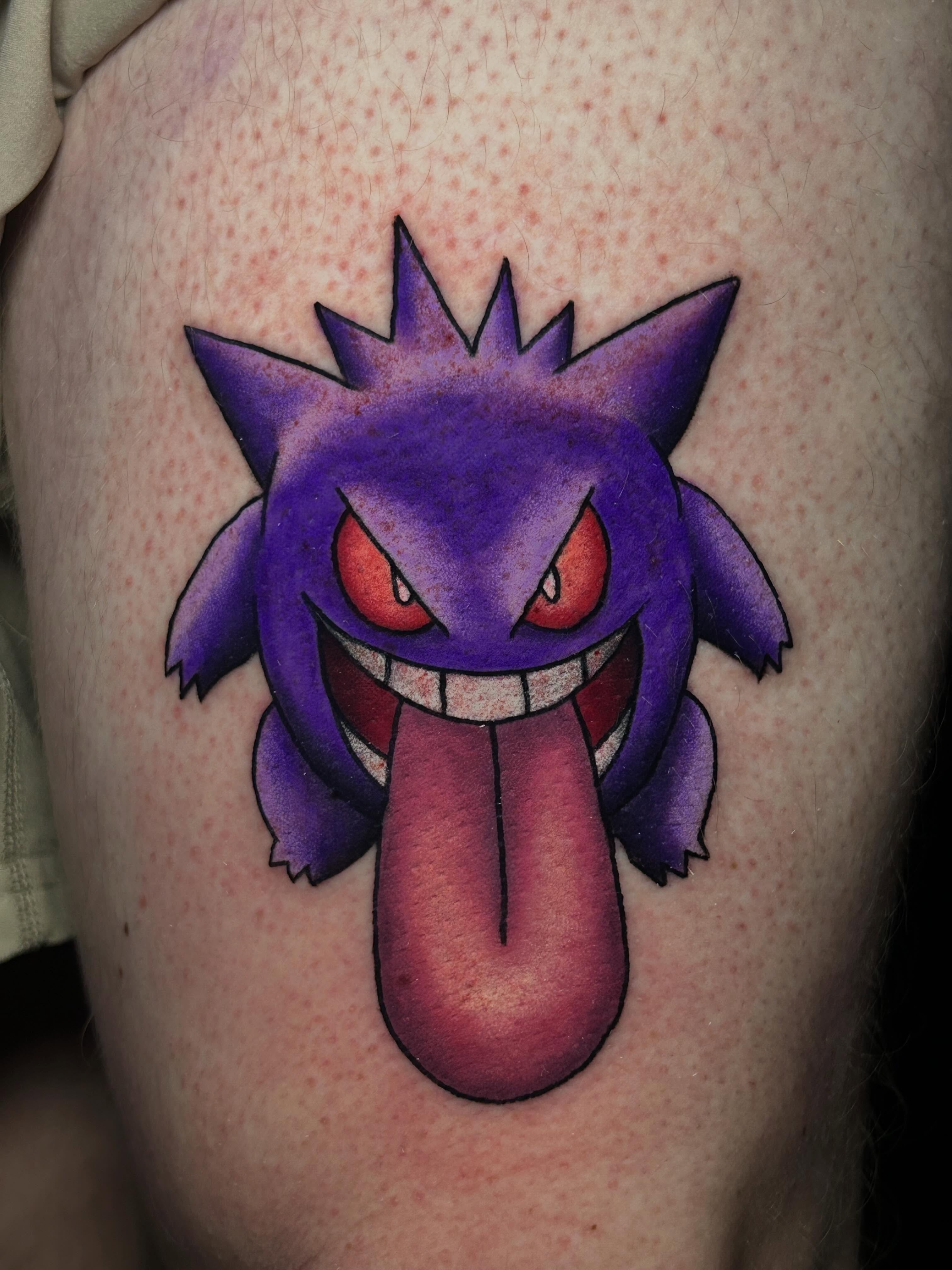 Gengar dotwork tattoo on the thigh by Vanessa Kendyll’s Tattoos