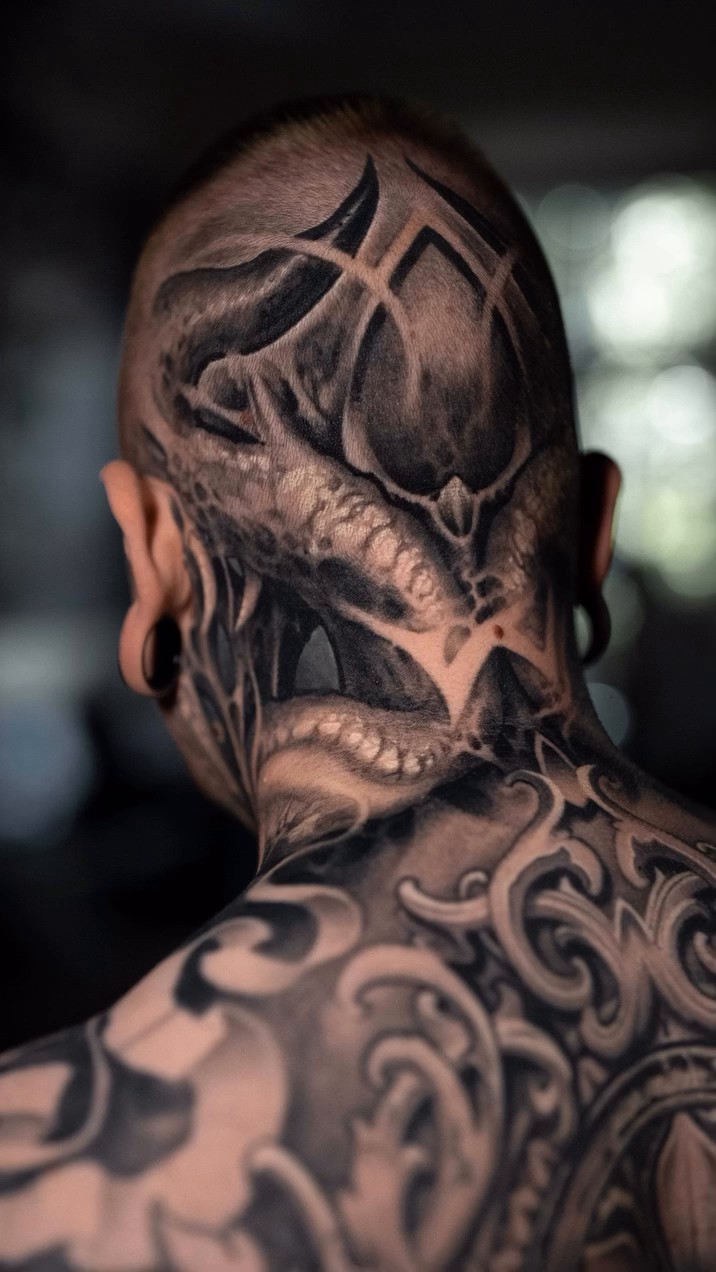 Ornamental head and neck tattoo realism tattoo on the back by Victor Portugal Tattoo