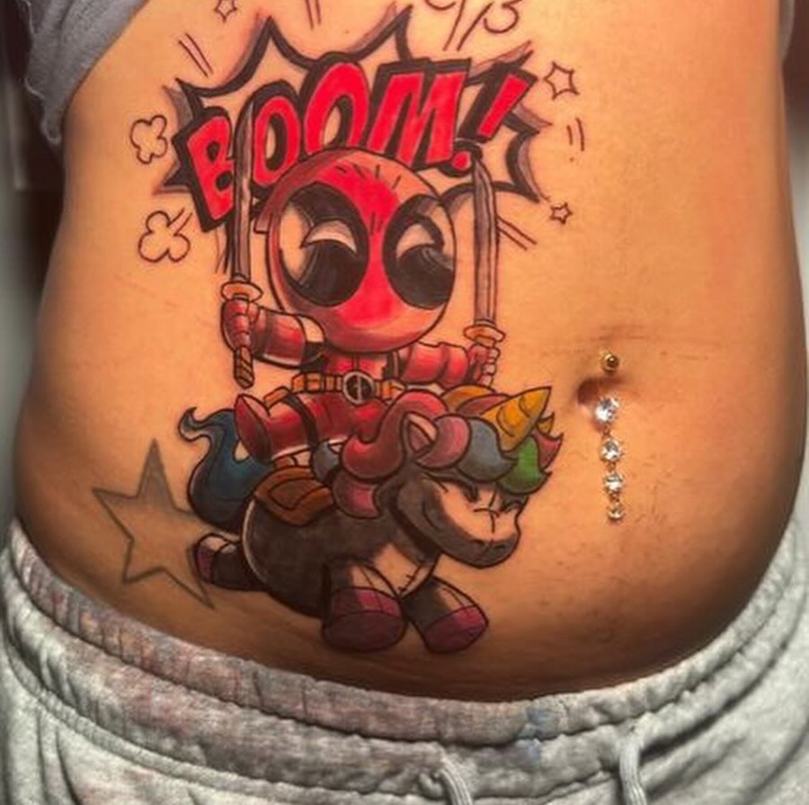 Deadpool new school tattoo by Anthony Washington, Atlanta, Georgia