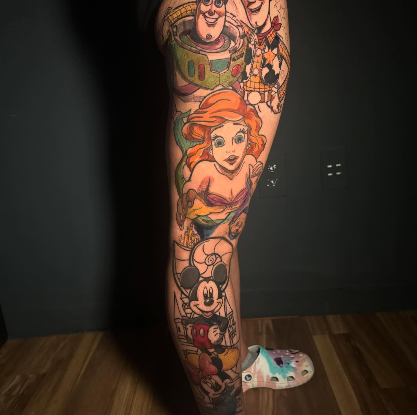 Disney characters new school tattoo on the forearm by Anthony Washington, Atlanta, Georgia