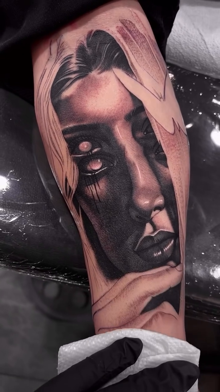 Portrait of a woman dark realism tattoo by Erick Gutierrez, Las Vegas, Nevada