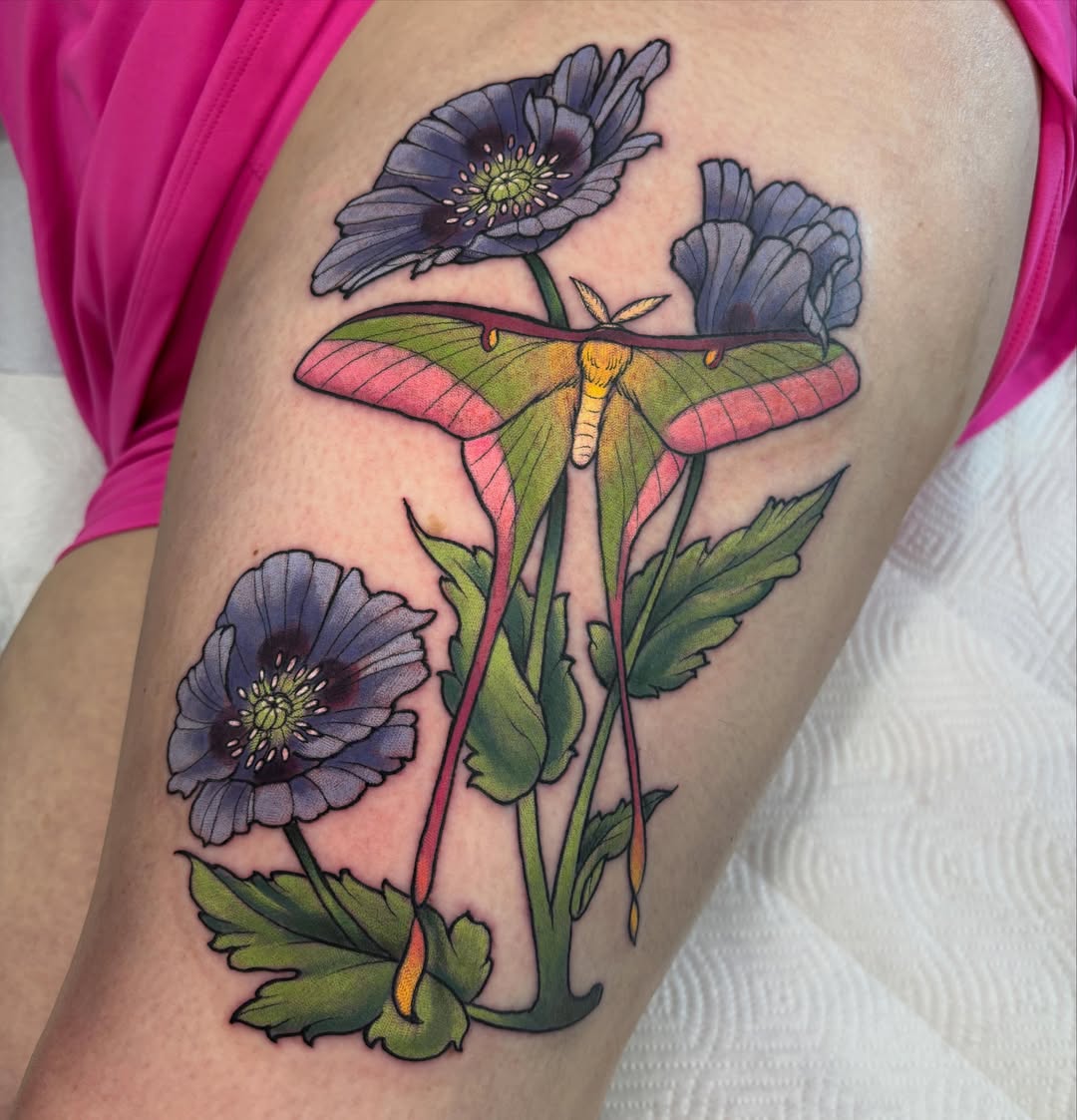 Poppy flowers and luna moth realism tattoo on the thigh by ✨REiD✨