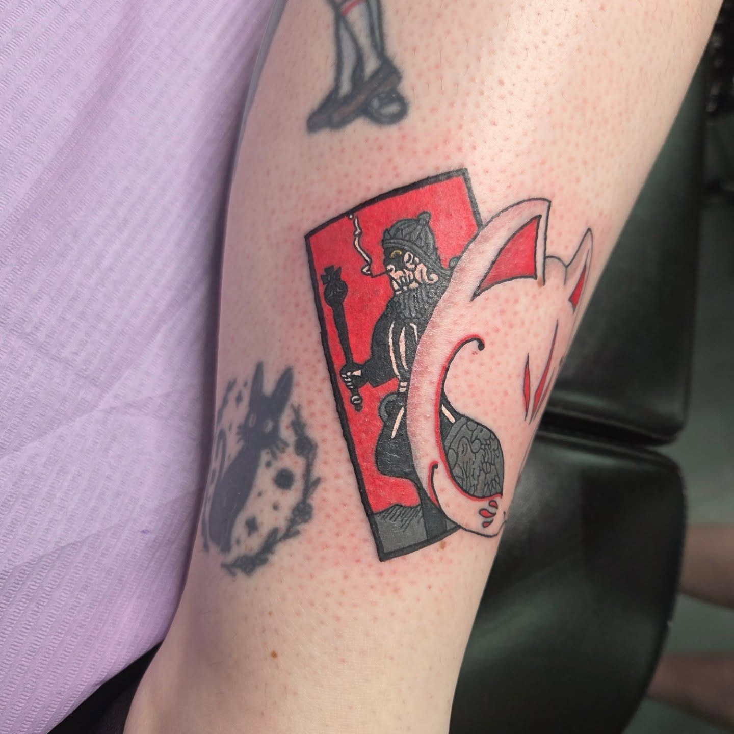 Fox and tarot card dotwork tattoo on the forearm by Trinity Renee