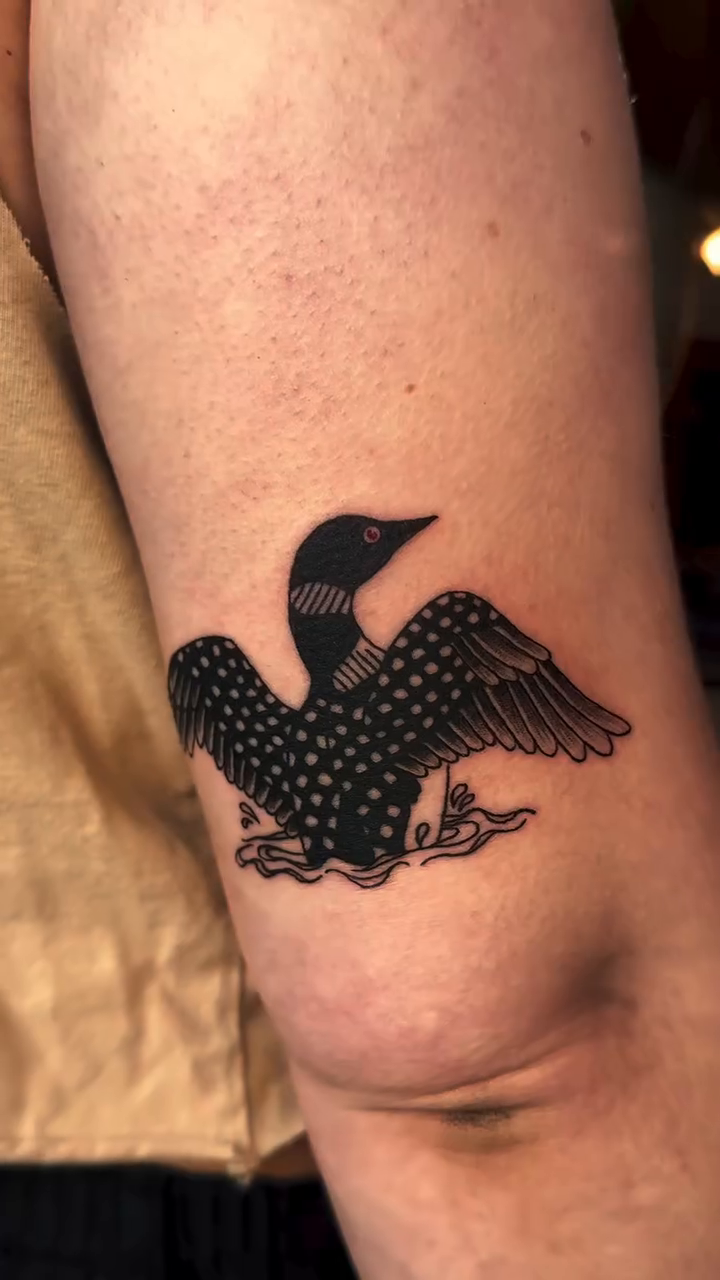 Loon bird tattoo fine line tattoo on the upper arm by Jadelin, San Francisco, California
