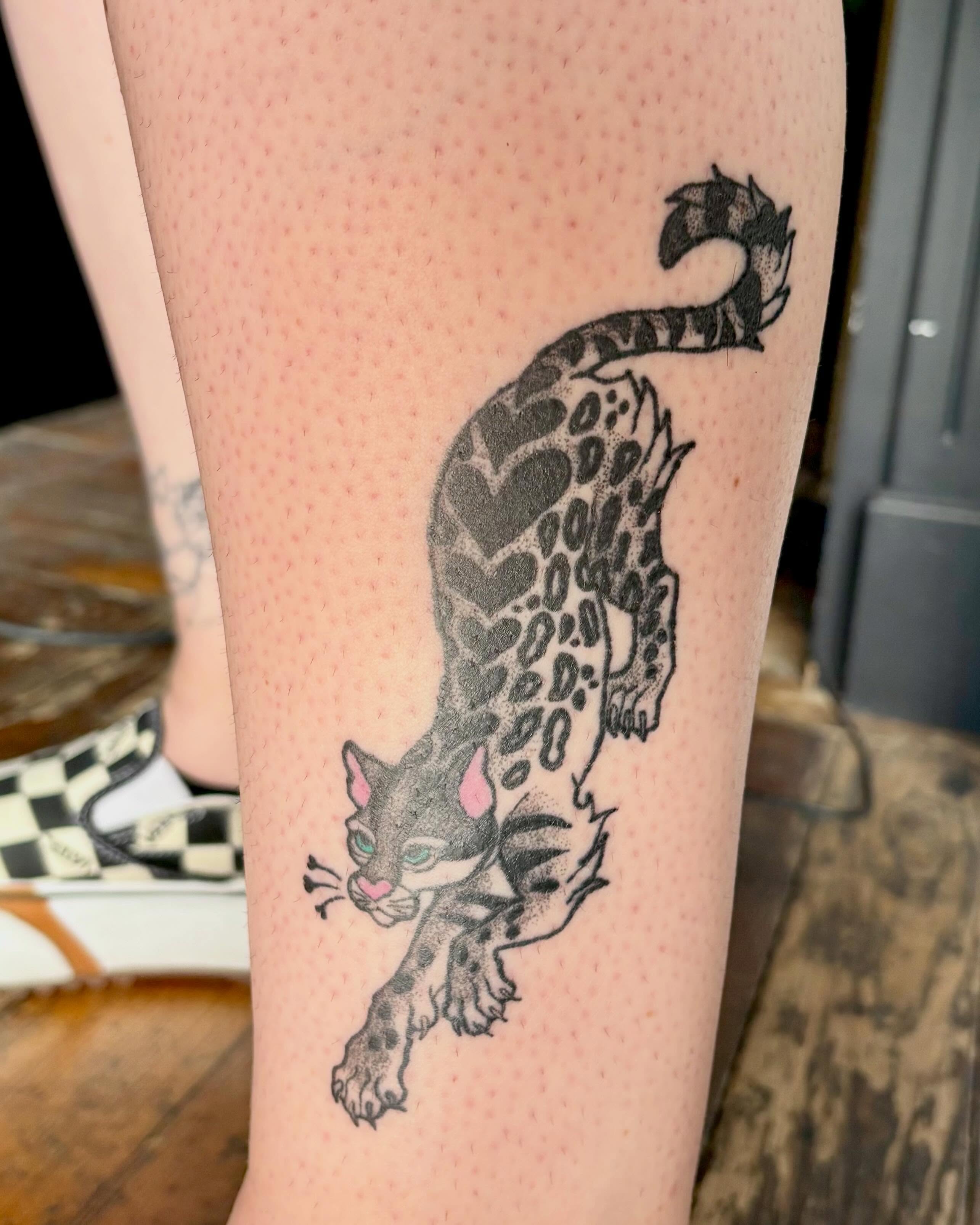 Leopard dotwork tattoo on the forearm by Abby Ruok, Midvale, Utah