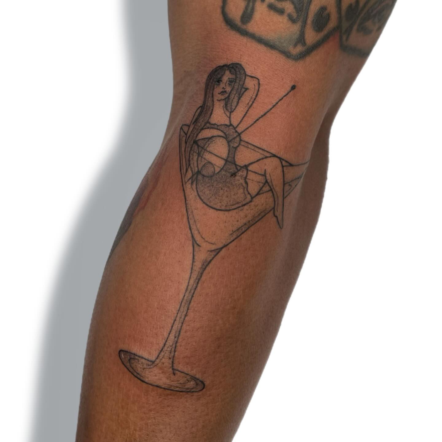 Martini glass woman geometric tattoo on the leg by Jules ๐โโฌ, Chicago, Illinois