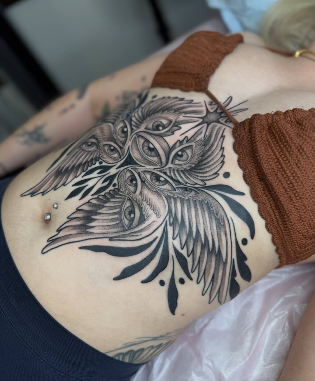 Owls black and grey tattoo on the ribs by Emma Friesen - Lancaster & York Tattoo Artist, Lancaster, Pennsylvania