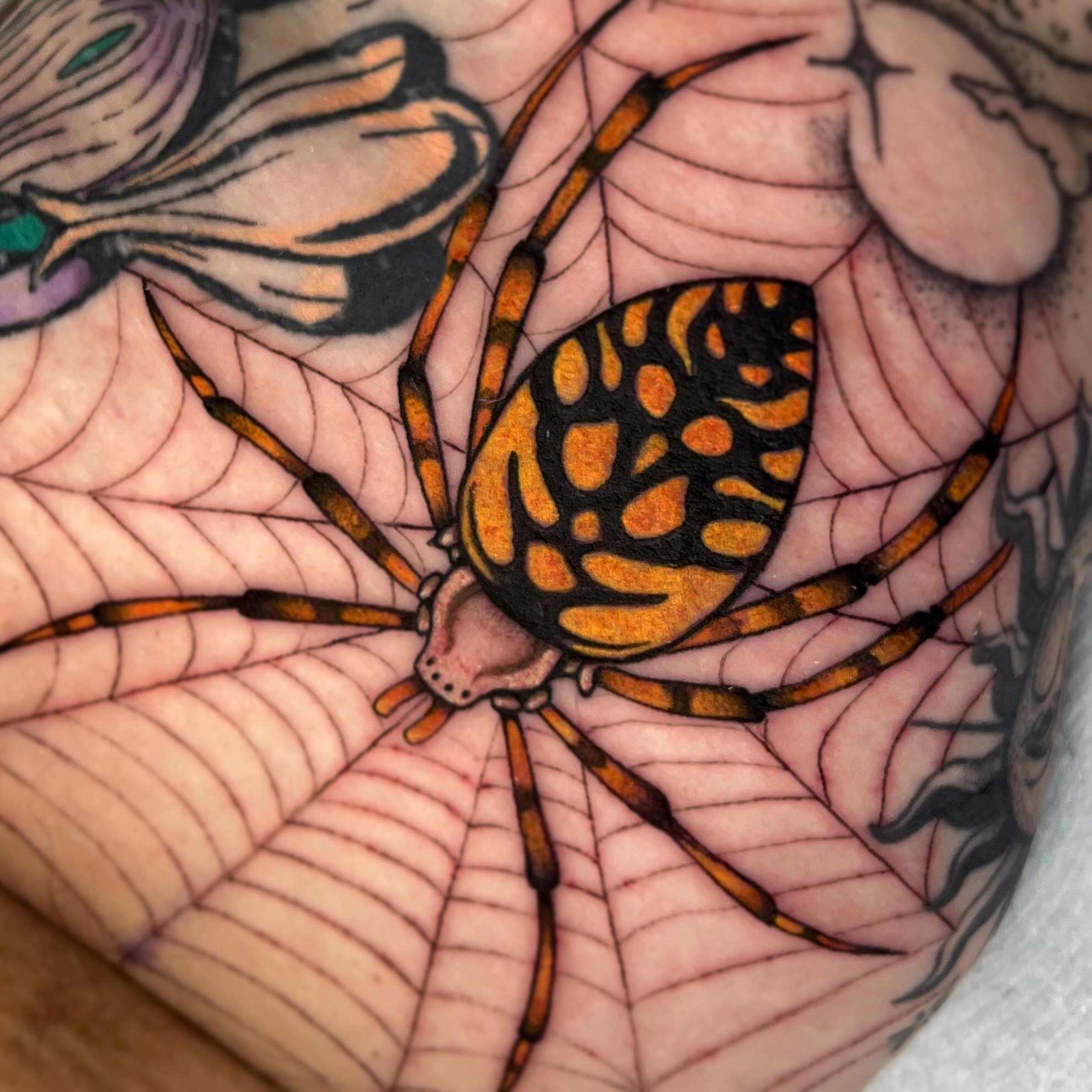 Spider American traditional tattoo on the hand by Samantha Castrovinci, Durham, North Carolina