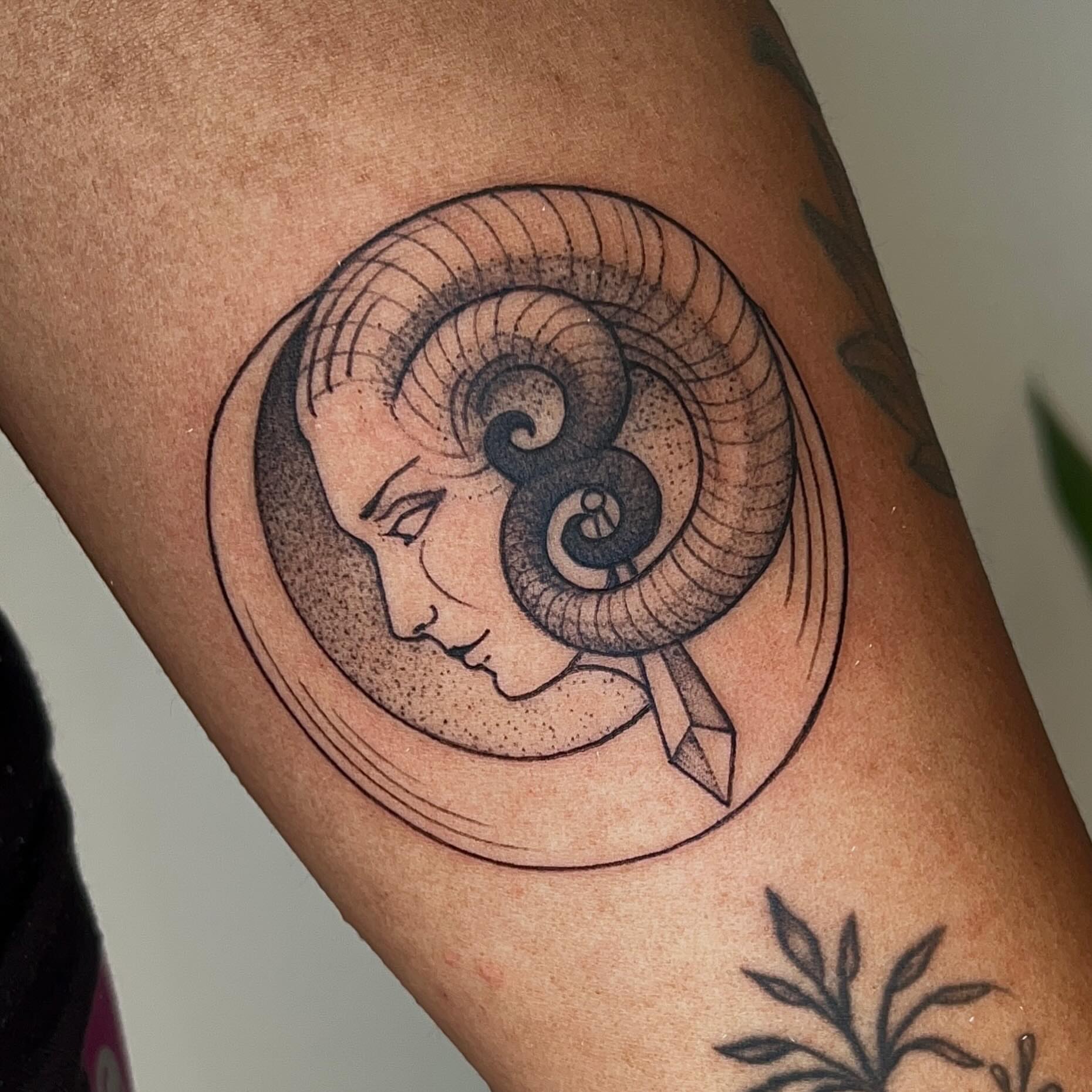 Ram head black and grey tattoo on the forearm by Samantha Castrovinci, Durham, North Carolina