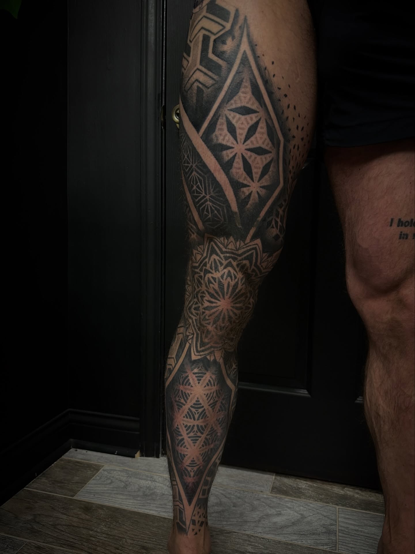 Geometric patterns geometric tattoo on the leg by Tyler Renfrow