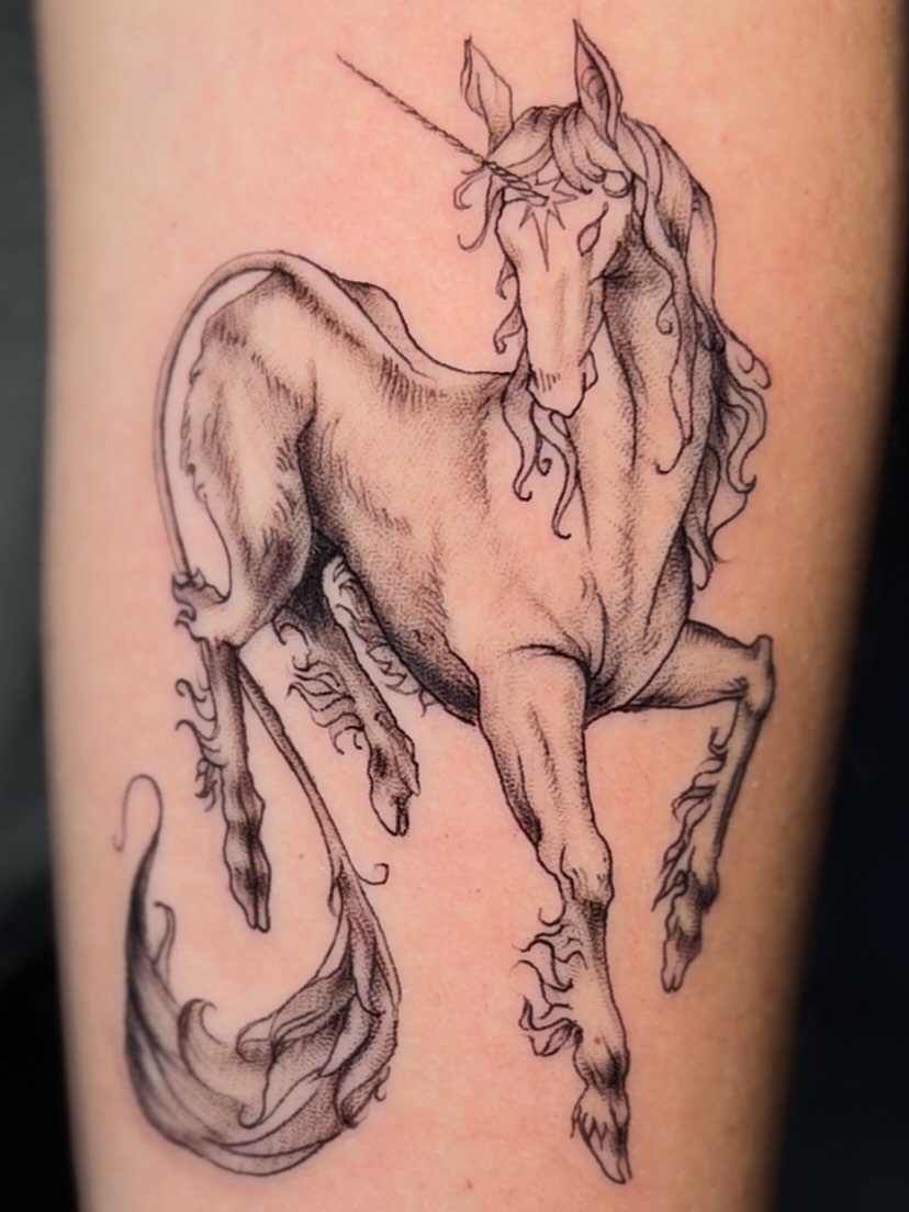 Unicorn dotwork tattoo on the forearm by Exis LHinc, Miami, Florida