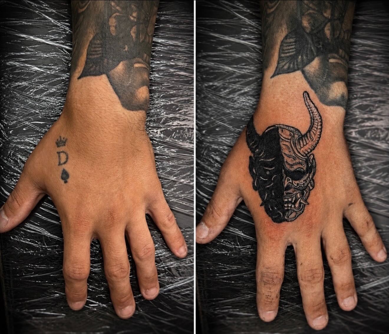 Bull mask black and grey tattoo on the hand by Kelsoink