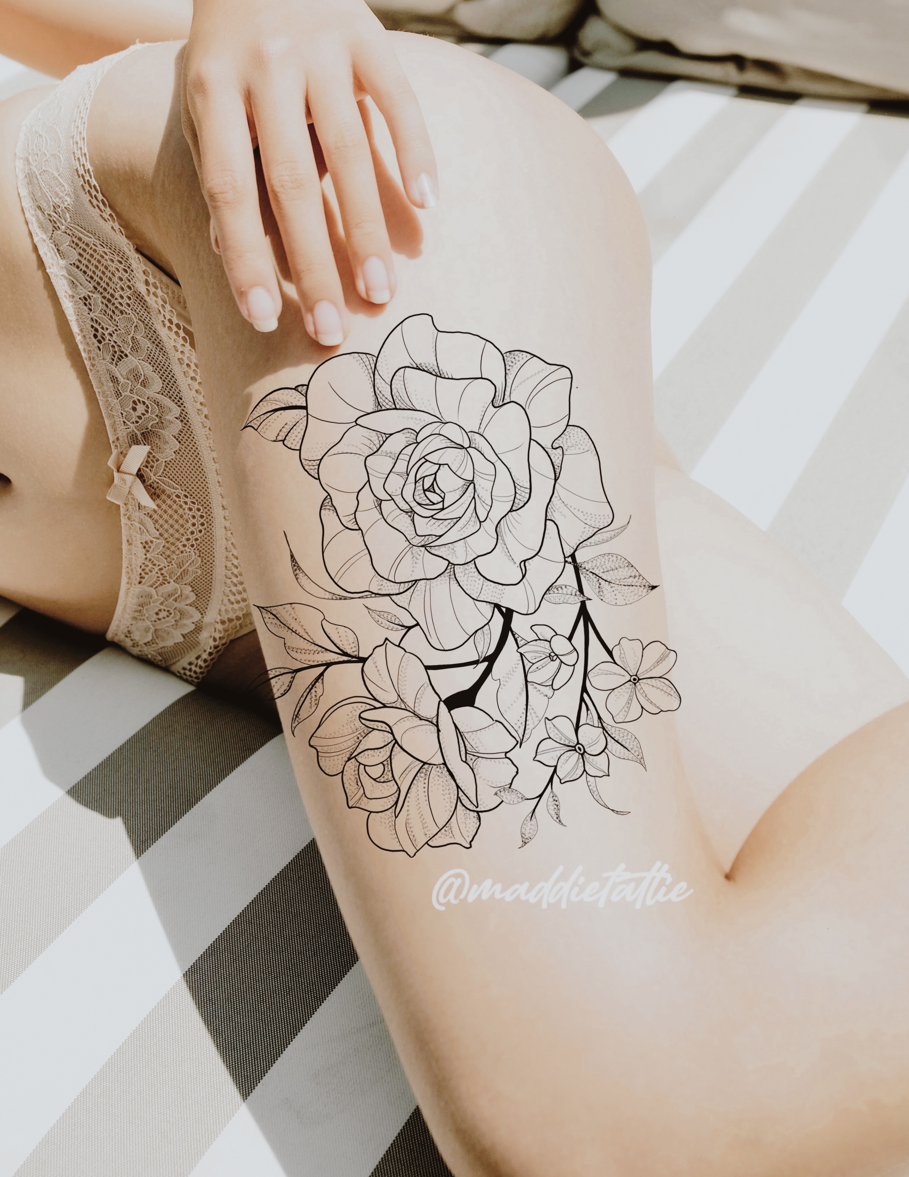 Roses black and grey tattoo on the thigh by Maddie