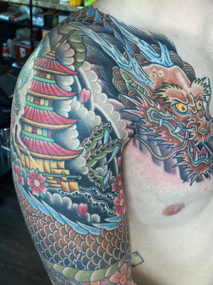 Tattoo by @snakedaggerose — japanese_irezumi, black_and_grey