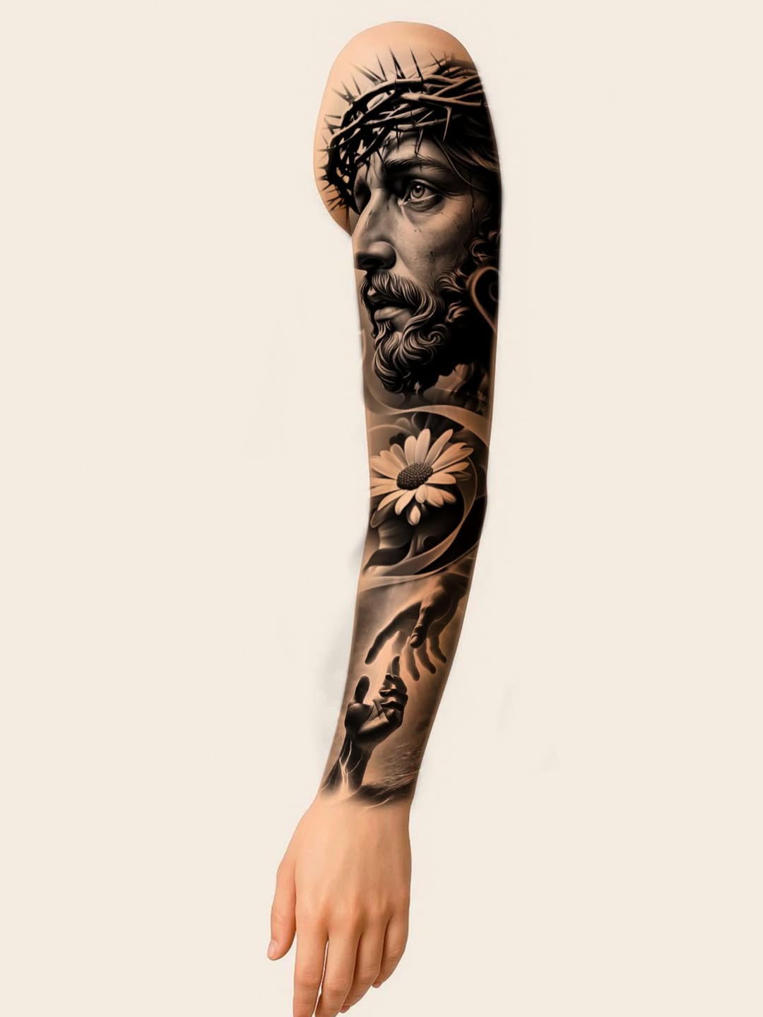 Jesus Christ portrait with hands reaching Chicano tattoo on the forearm by ๐๐๐๐๐๐๐ ๐ฌ.๐ผ