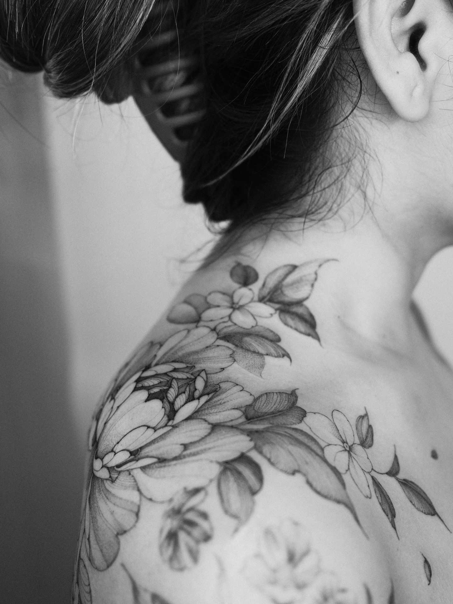 Floral black and grey tattoo on the shoulder by LORIE π€ Floral Tattoo Artist, Los Angeles, California