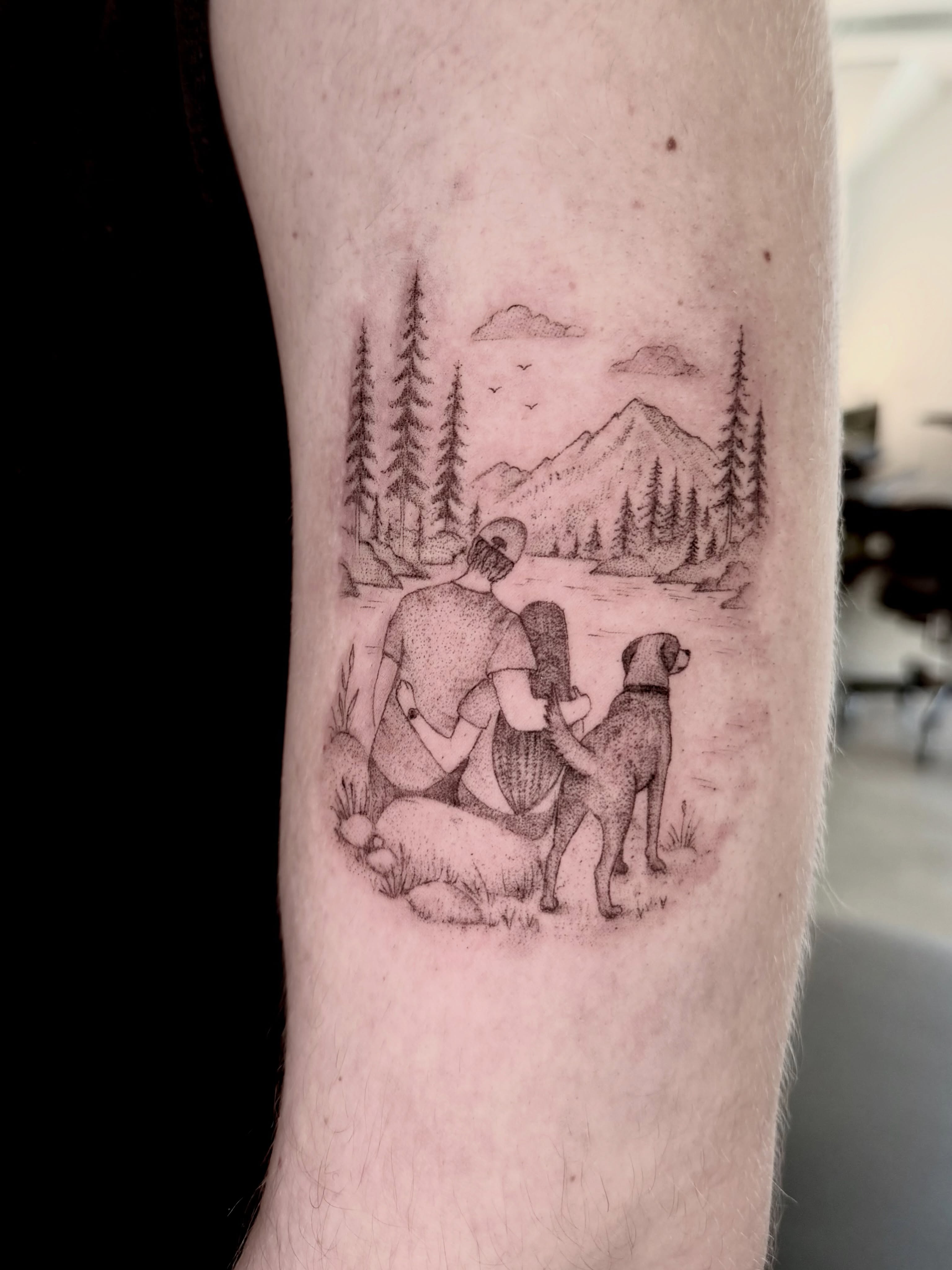 Family and dog in nature dotwork tattoo on the forearm by Anna