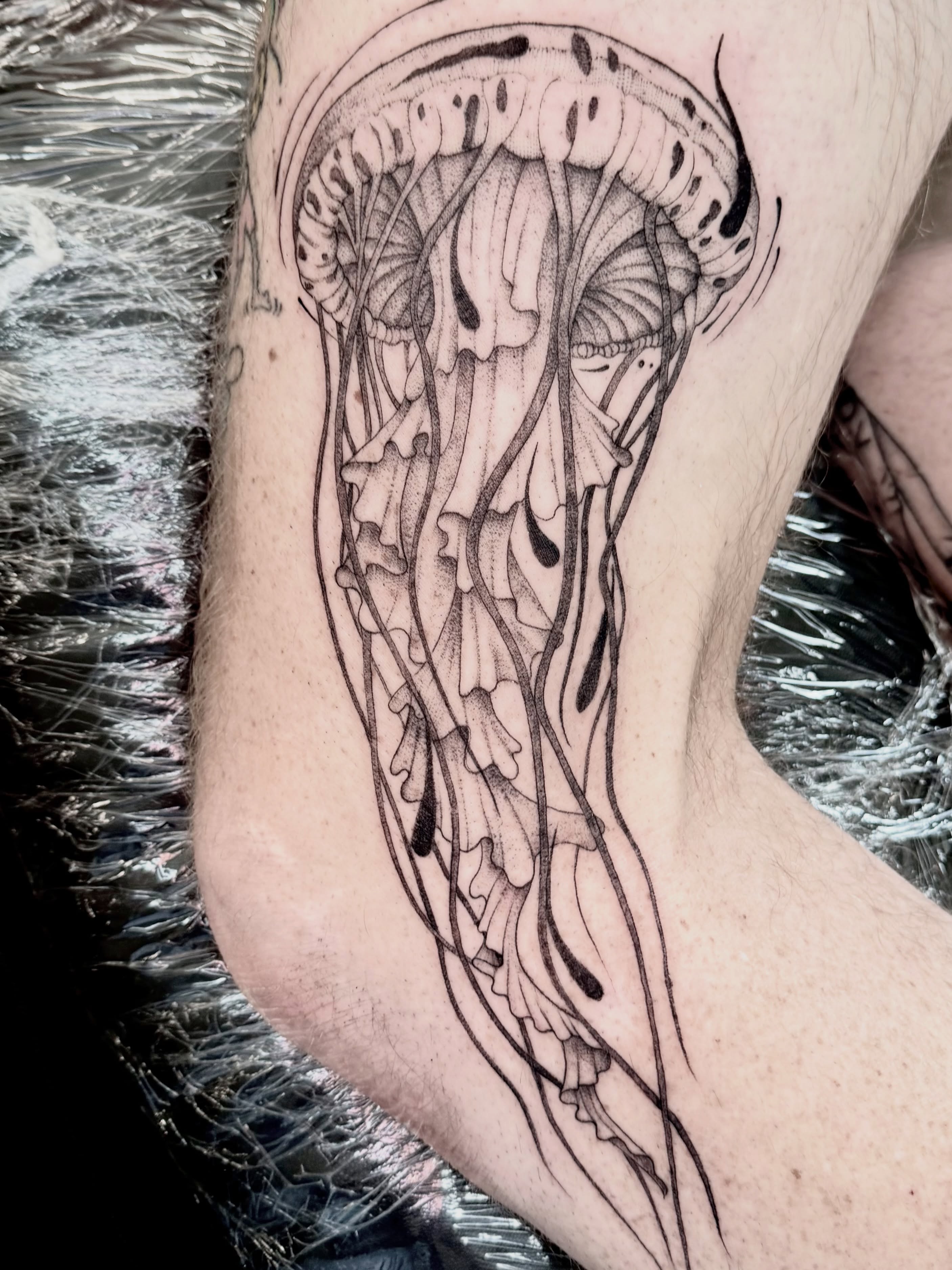 Jellyfish black and grey tattoo on the forearm by Anna