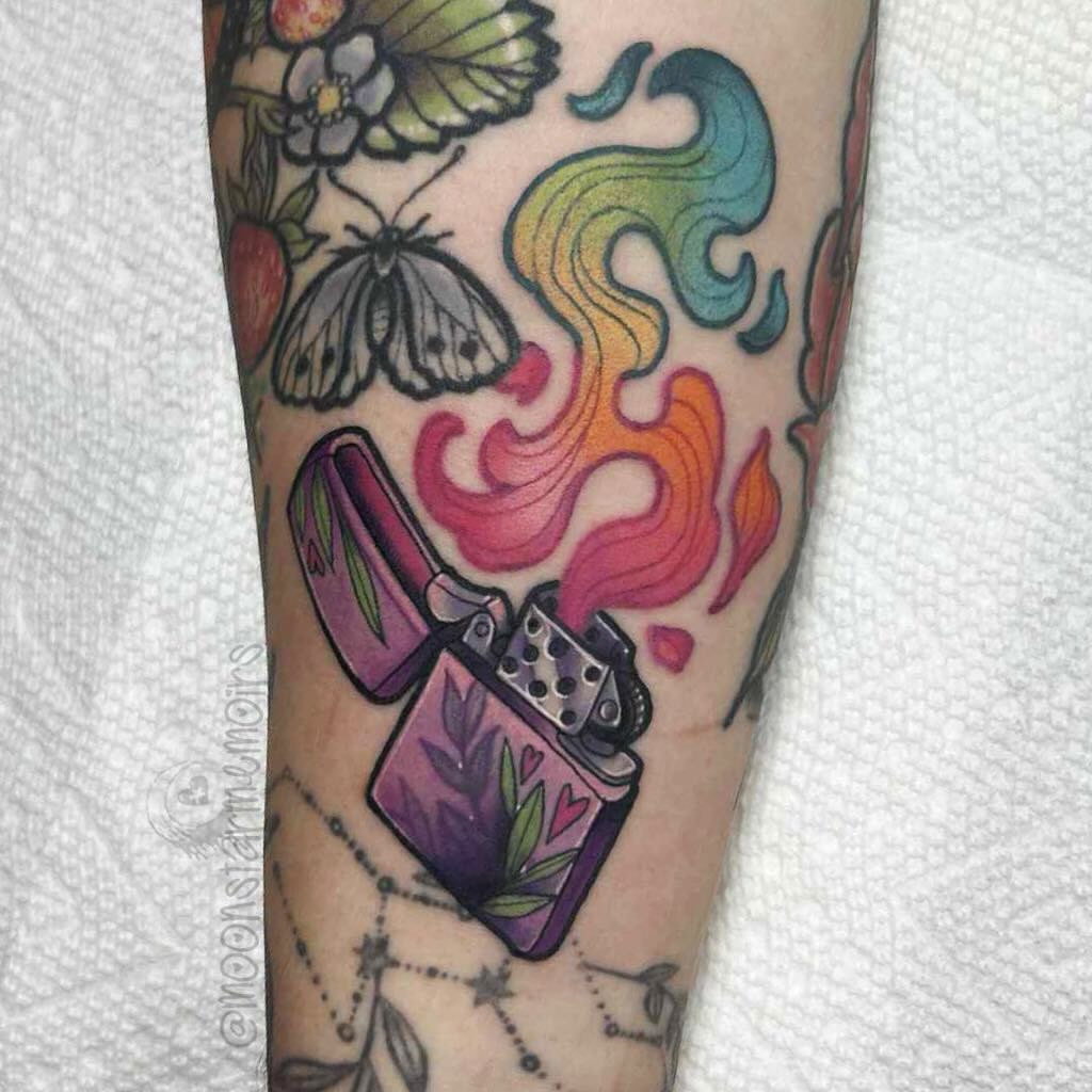 Lighter with flames American traditional tattoo on the forearm by 𝓑𝓾𝓷𝓷𝔂 𝓓. 𝓥𝓪𝓷𝓒𝓸𝓮𝓿𝓮𝓻𝓲𝓷𝓰