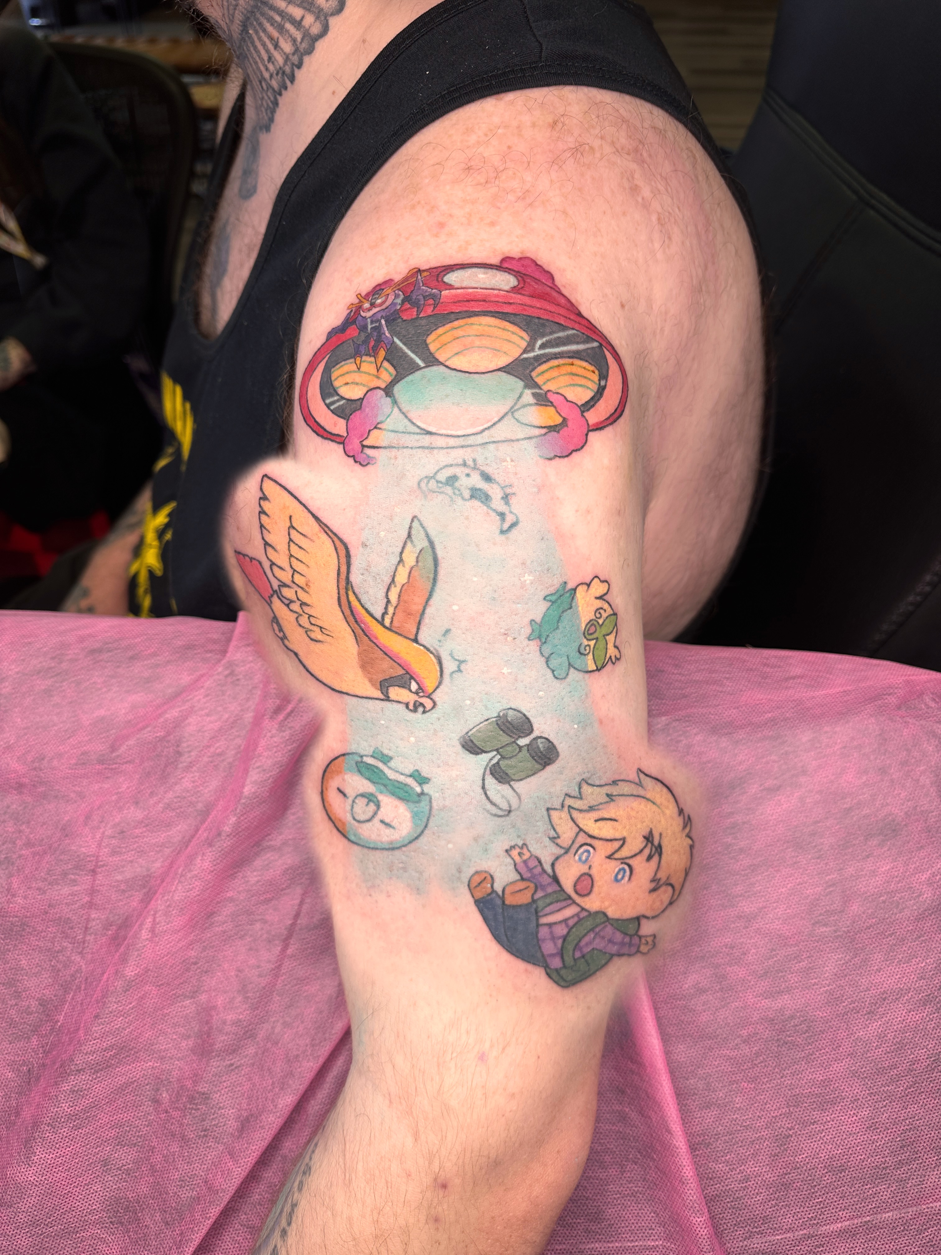 Adventure Time characters dotwork tattoo on the forearm by Shrimple