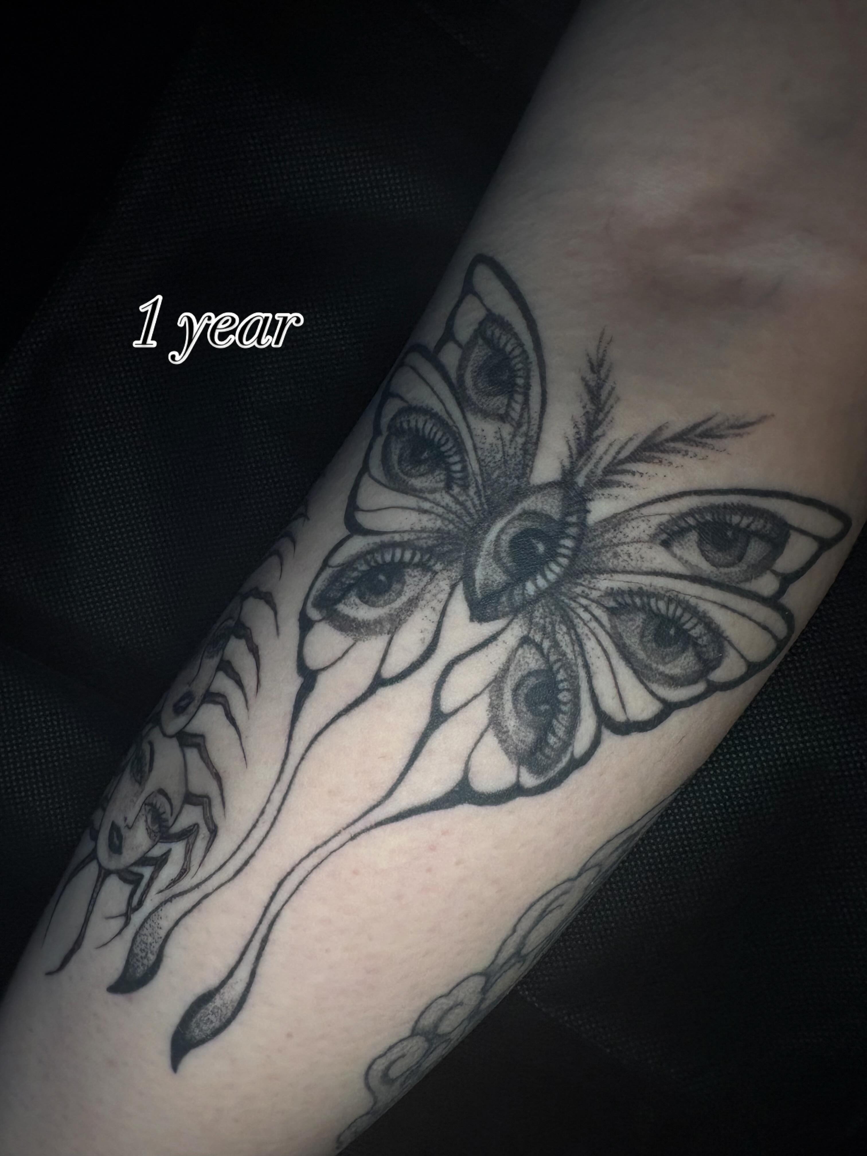 Butterfly black and grey tattoo on the forearm by Cassandra Colleen